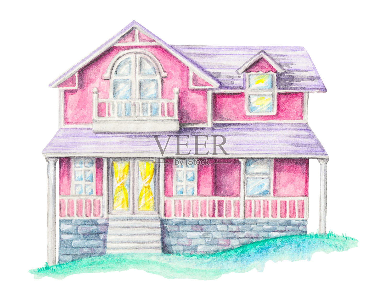 绿色草坪上的水彩画的粉红色房子设计元素图片