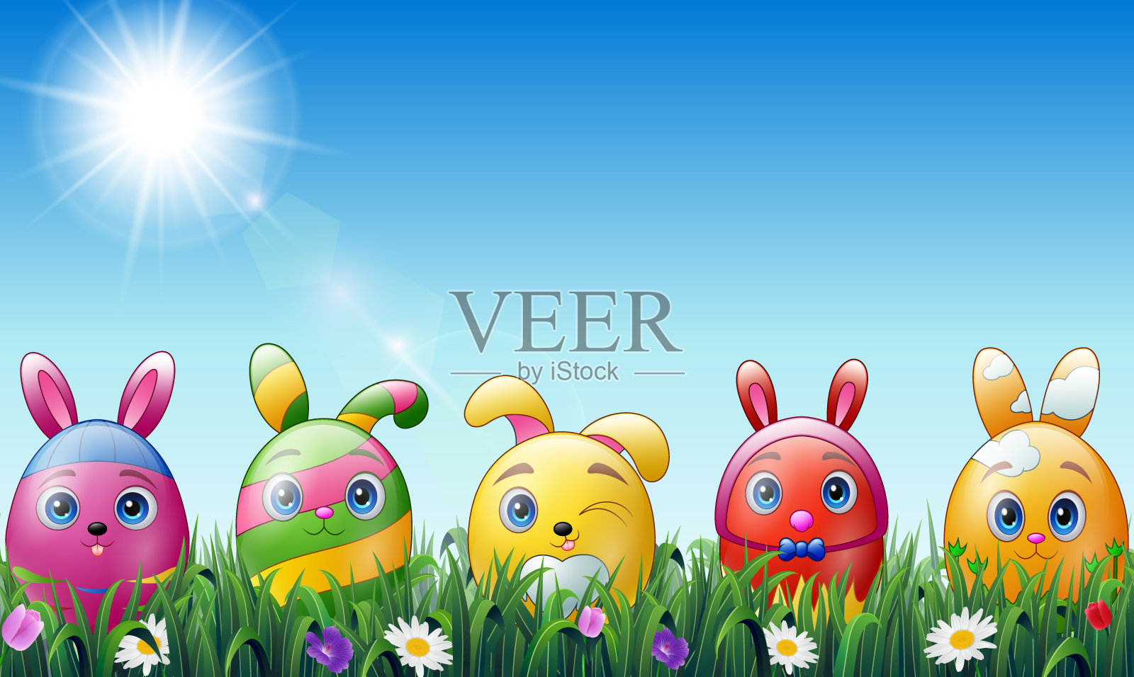 复活节彩蛋卡通人物与兔子耳朵在草的背景设计元素图片