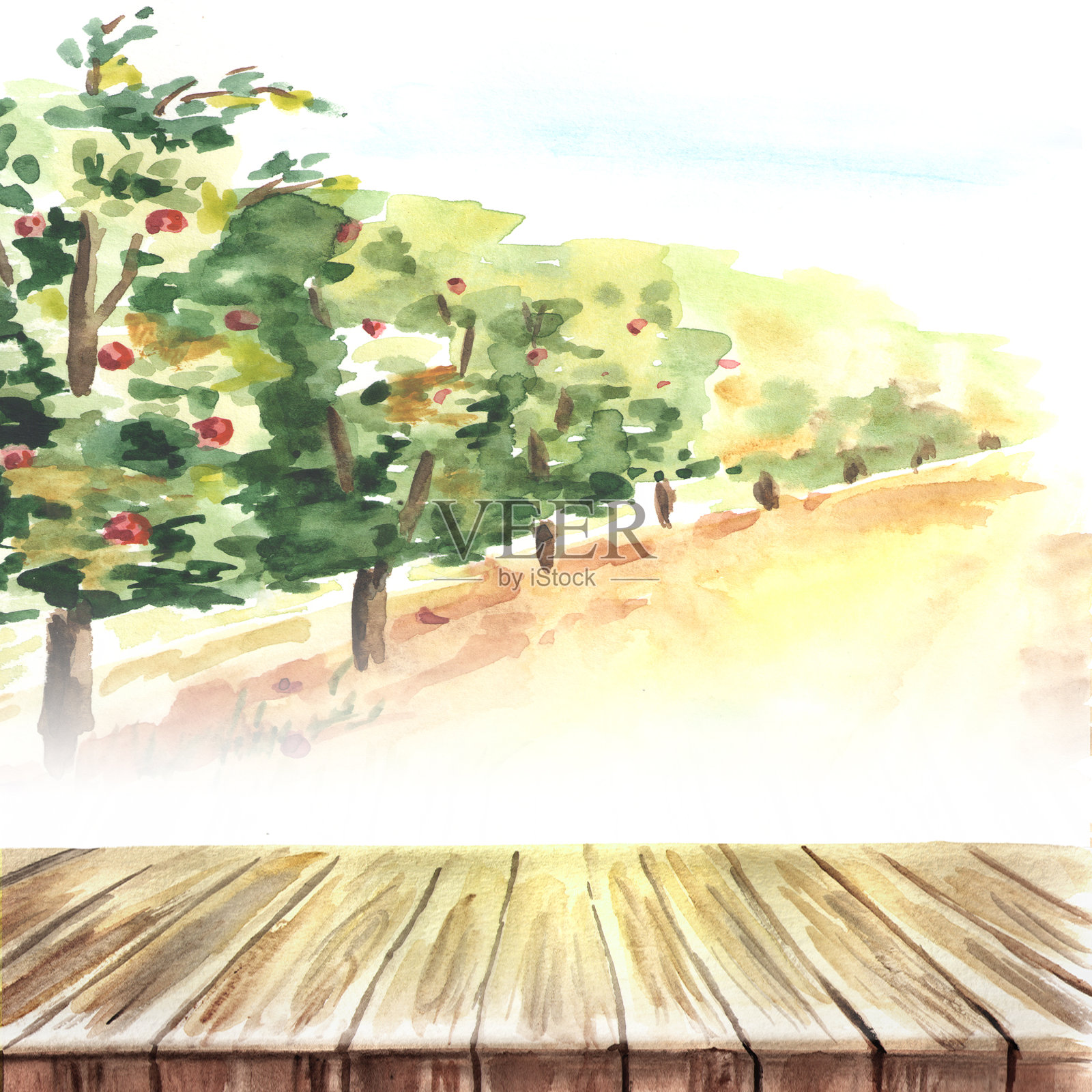 空桌子在果园景观。手绘水彩模板和背景插画图片素材