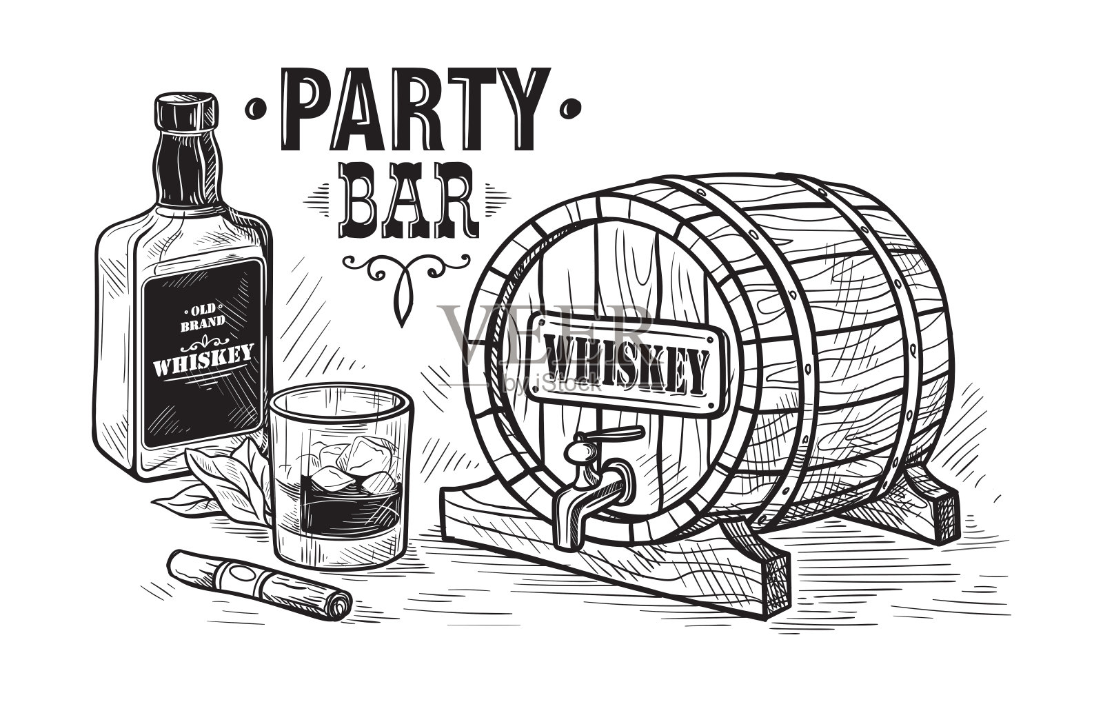 威士忌酒瓶、玻璃杯和木桶插画图片素材