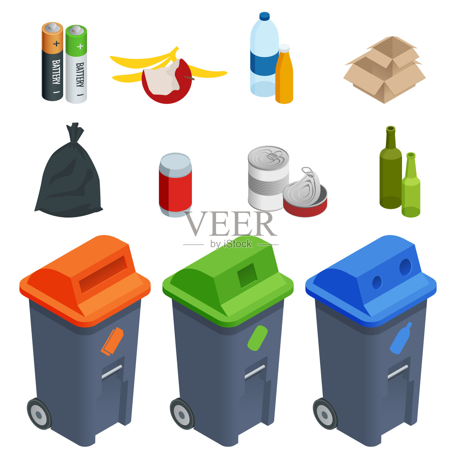 等距设置废物分类罐，隔离。垃圾桶上的垃圾分类。处理。装塑料，玻璃，电池的有色垃圾桶设计元素图片