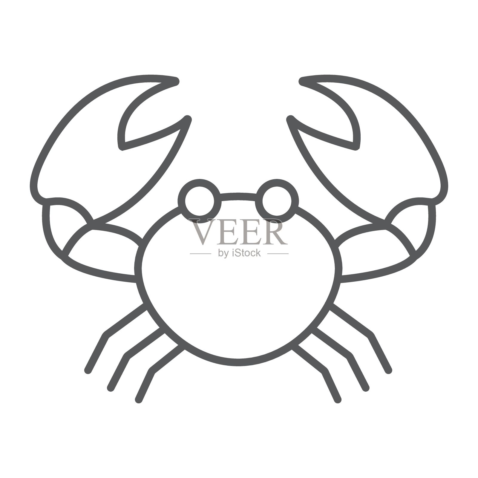 蟹细线图标，动物和水下，水产符号矢量图形，白色背景上的线性图案，eps 10。图标素材