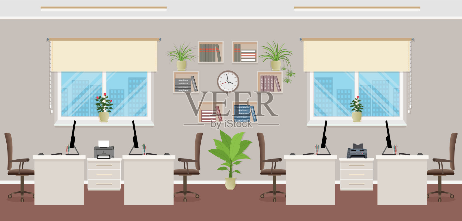 设有四个工作场所的开放式室内设计。办公室室内概念，包括办公家具和窗户。插画图片素材