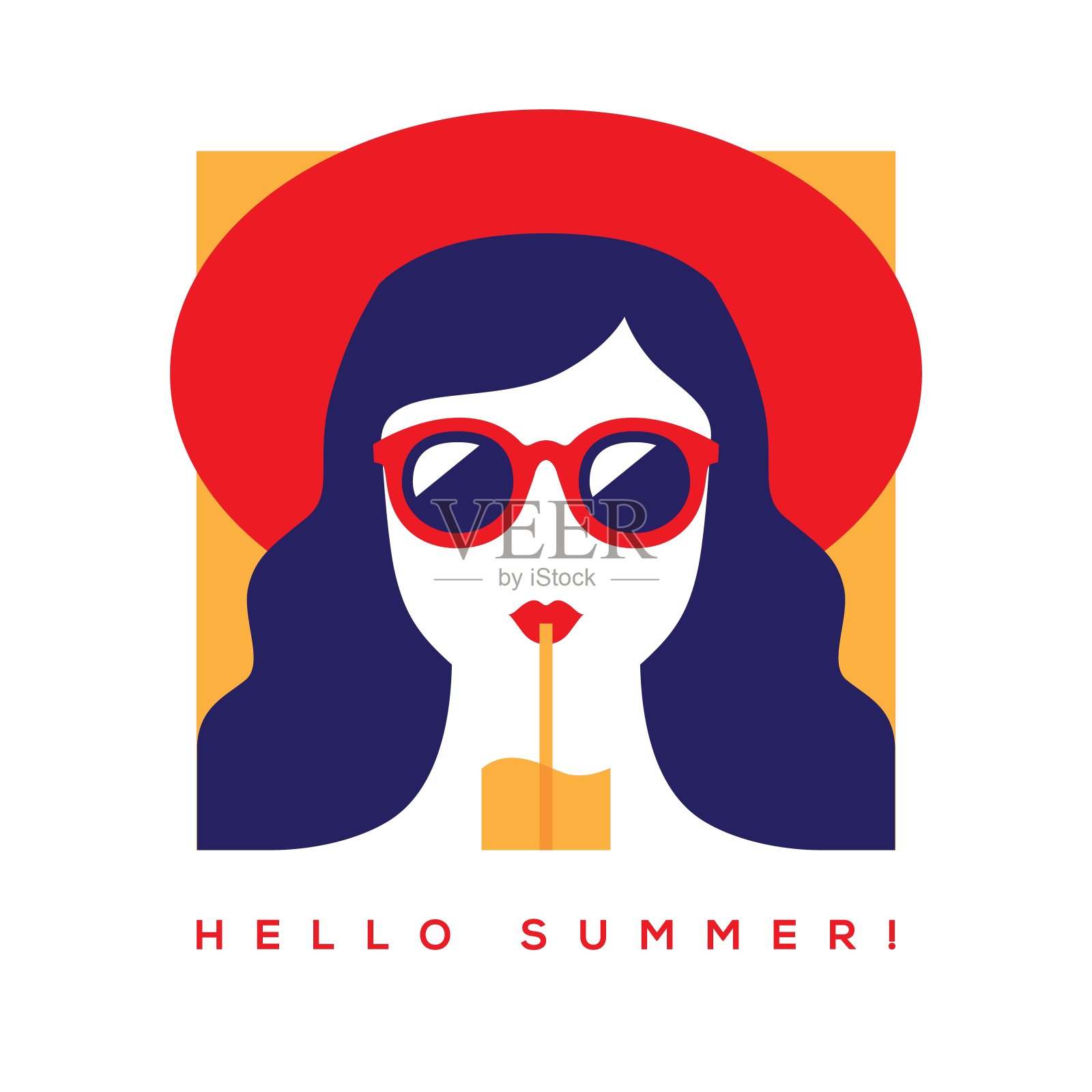 你好夏日卡片与女孩戴着太阳镜和帽子。插画图片素材