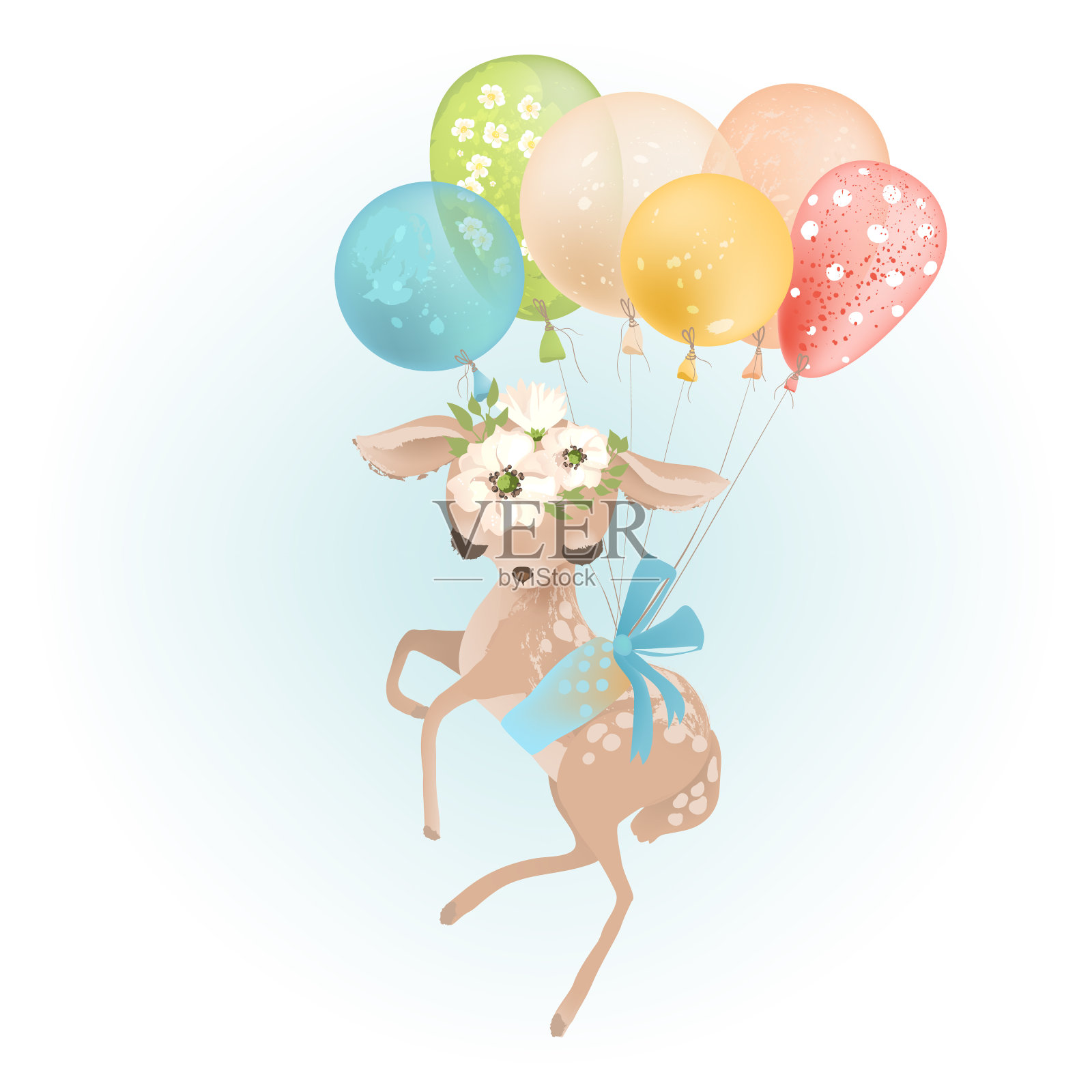 可爱的小鹿带着花圈和蝴蝶结，用五颜六色的气球、蝴蝶和鲜花飞舞插画图片素材