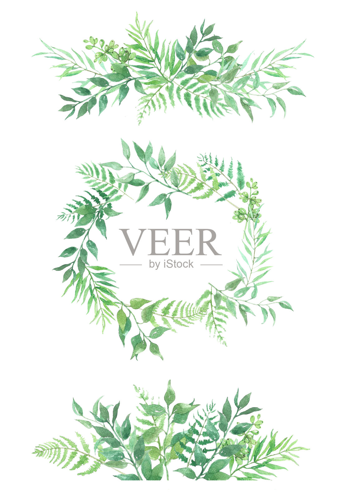水彩花卉框架。背景与花卉装饰。婚礼的背景。手工制作的。数字蕨类植物和橄榄插画图片素材