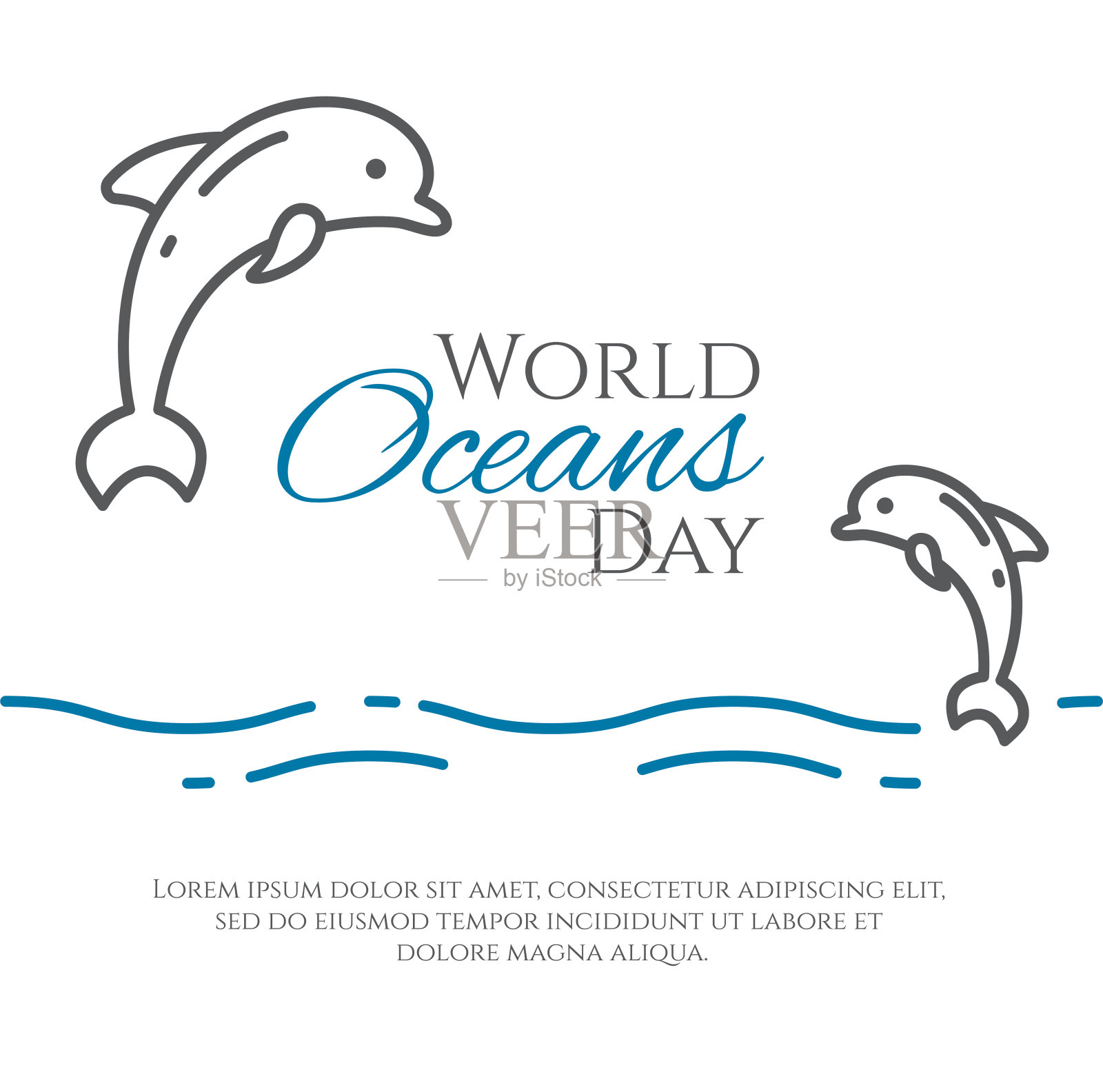 一对海豚在白色的背景上跳跃在世界海洋日的横幅上。插画图片素材