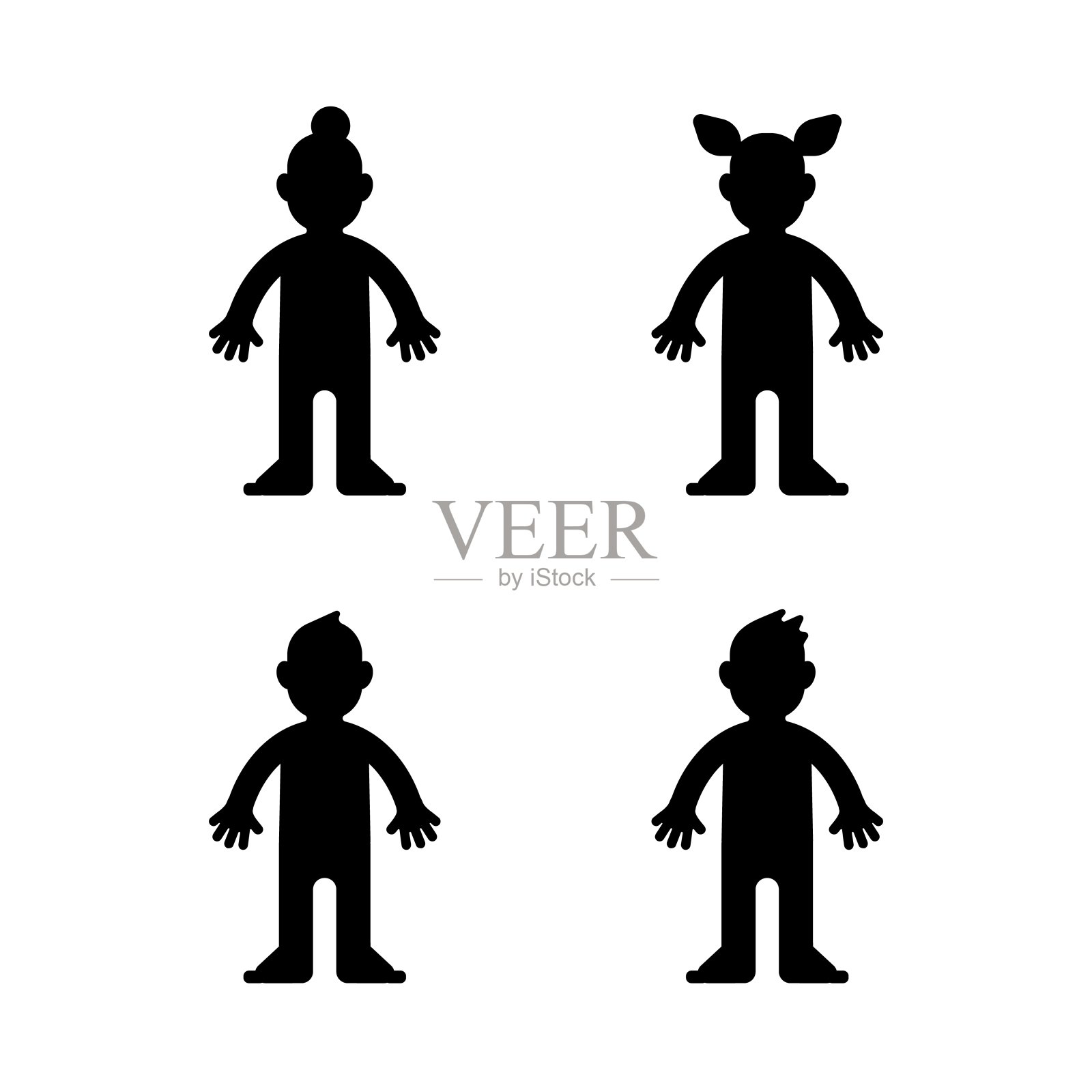 娃娃，小男孩和小女孩，黑色的剪影，孤立。向量插画图片素材