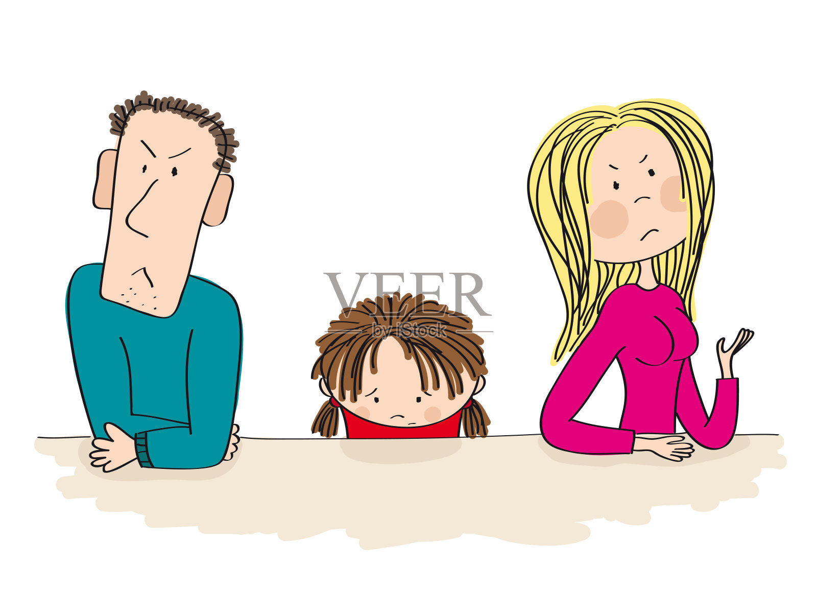 吵架的父母。他们的孩子，小女孩，正坐在他们中间，看起来很伤心，正在考虑离婚。插画图片素材