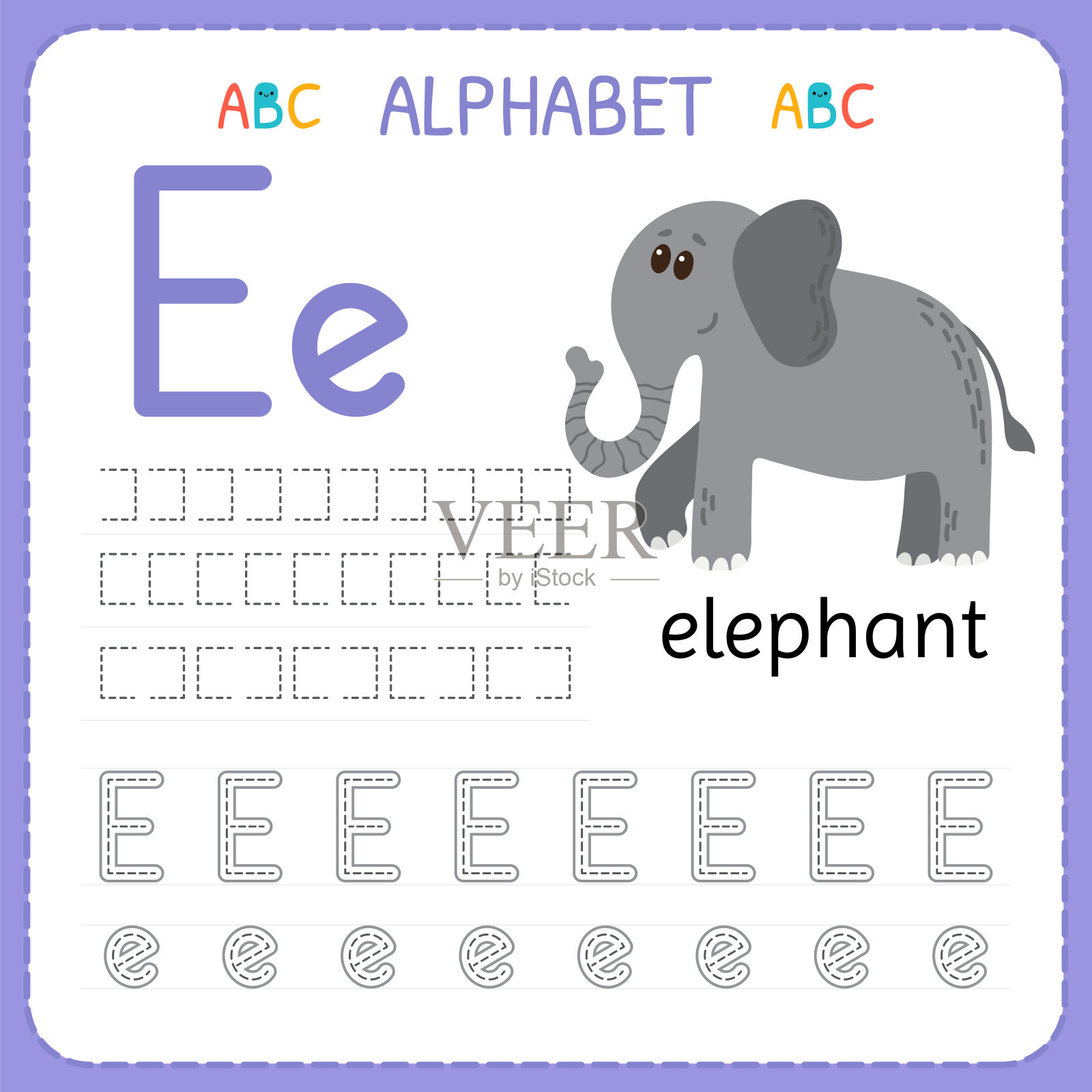 学龄前和幼儿园的字母追踪工作表。写练习字母e的儿童练习插画图片素材
