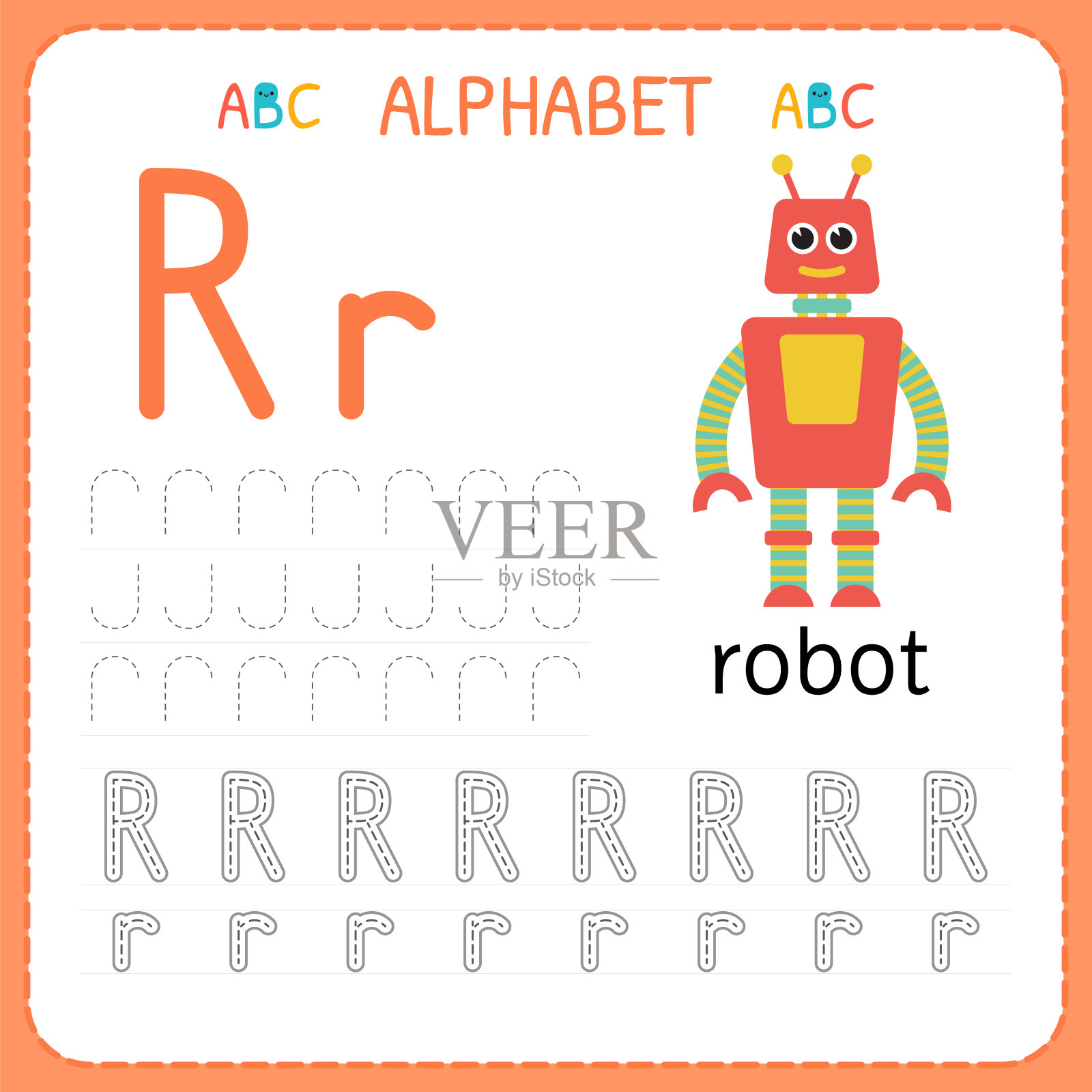 学龄前和幼儿园的字母追踪工作表。写练习字母r的儿童练习插画图片素材
