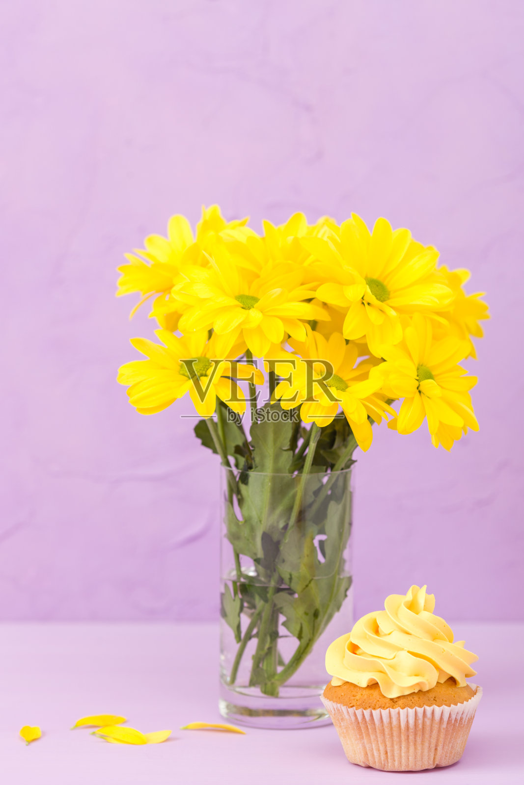 黄菊花在玻璃和纸杯蛋糕与黄色奶油在紫罗兰柔和的背景。母亲节的布局设计与鲜花和甜点。照片摄影图片