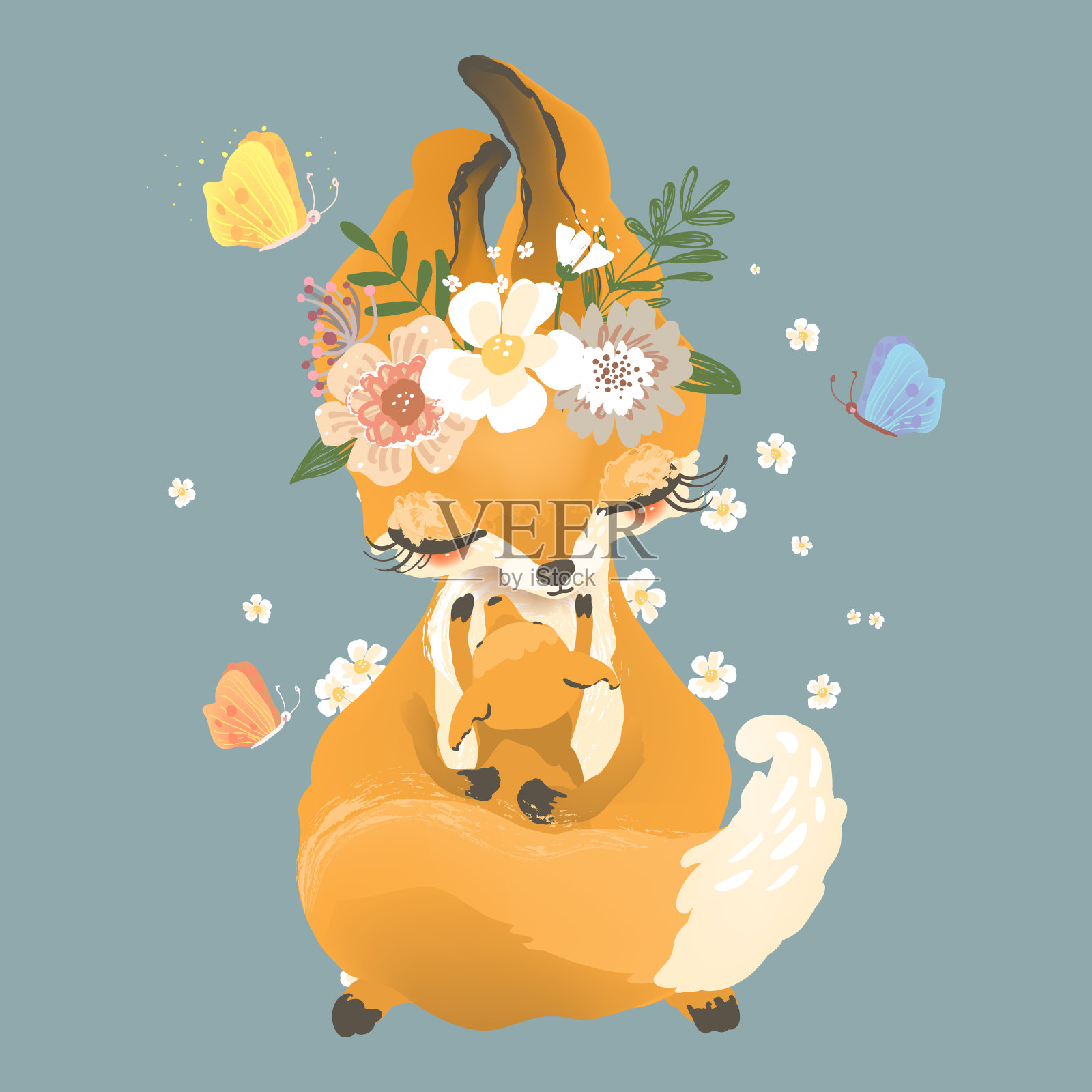 可爱的狐狸妈妈带着小狐狸在花丛中，花圈、花束、蝴蝶结和蝴蝶设计元素图片