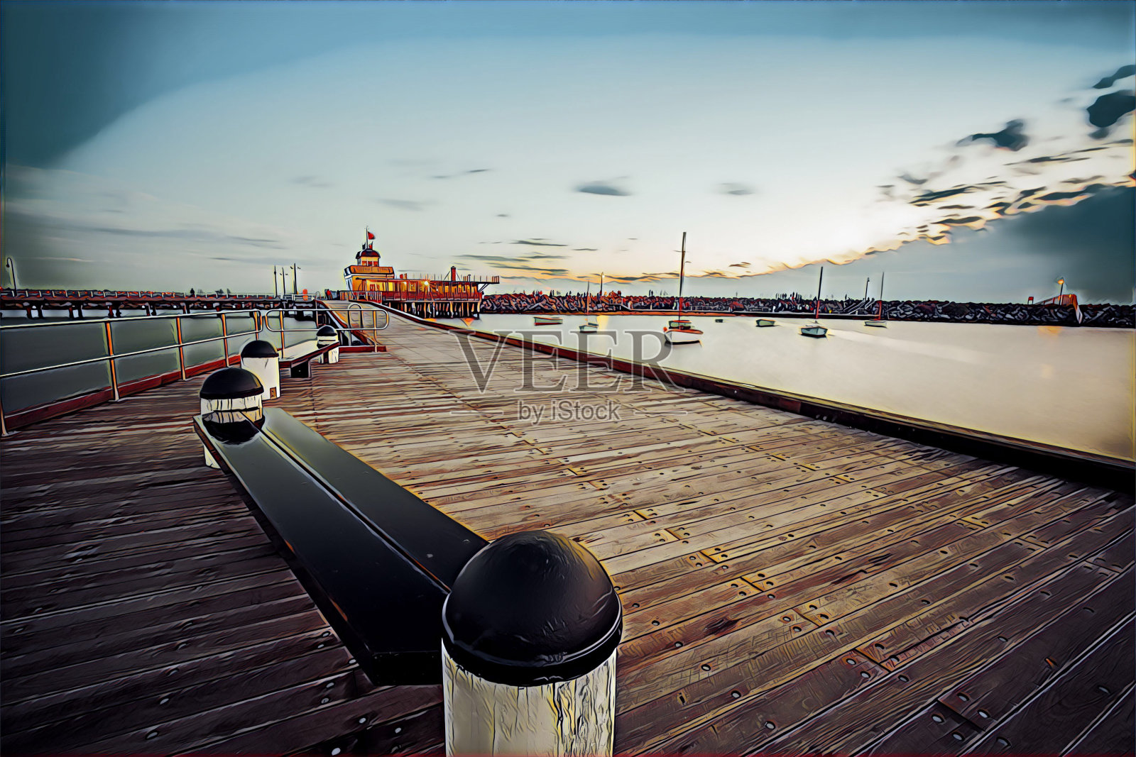 圣基尔达码头和亭子黄昏在墨尔本，澳大利亚-创造性的插图照片摄影图片