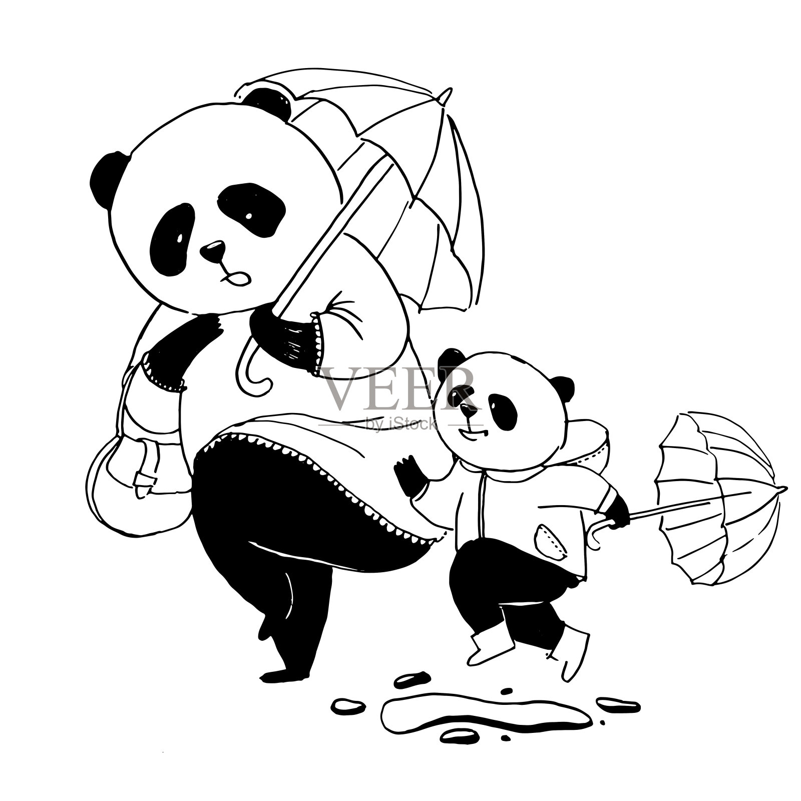 矢量黑白插图着色书。熊猫妈妈穿着粉红色的衣服和他的小熊猫在一起散步，他的小熊猫正在水坑里跳设计元素图片