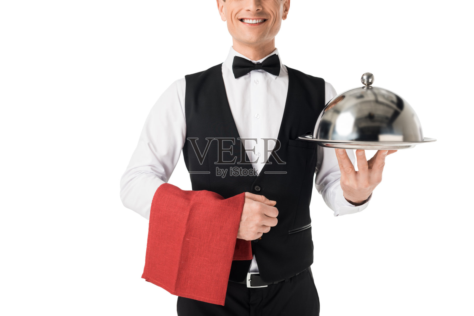 微笑的专业服务员提供的服务托盘盖隔离在白色照片摄影图片