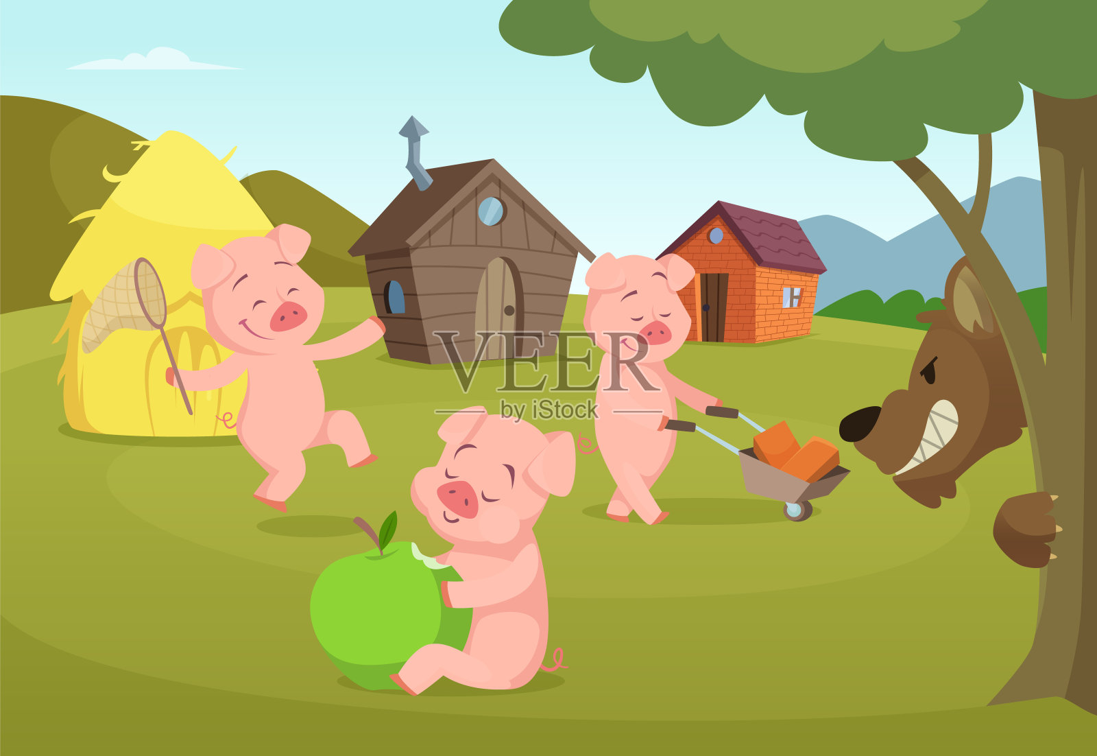 三只小猪靠近他们的小房子和可怕的狼插画图片素材