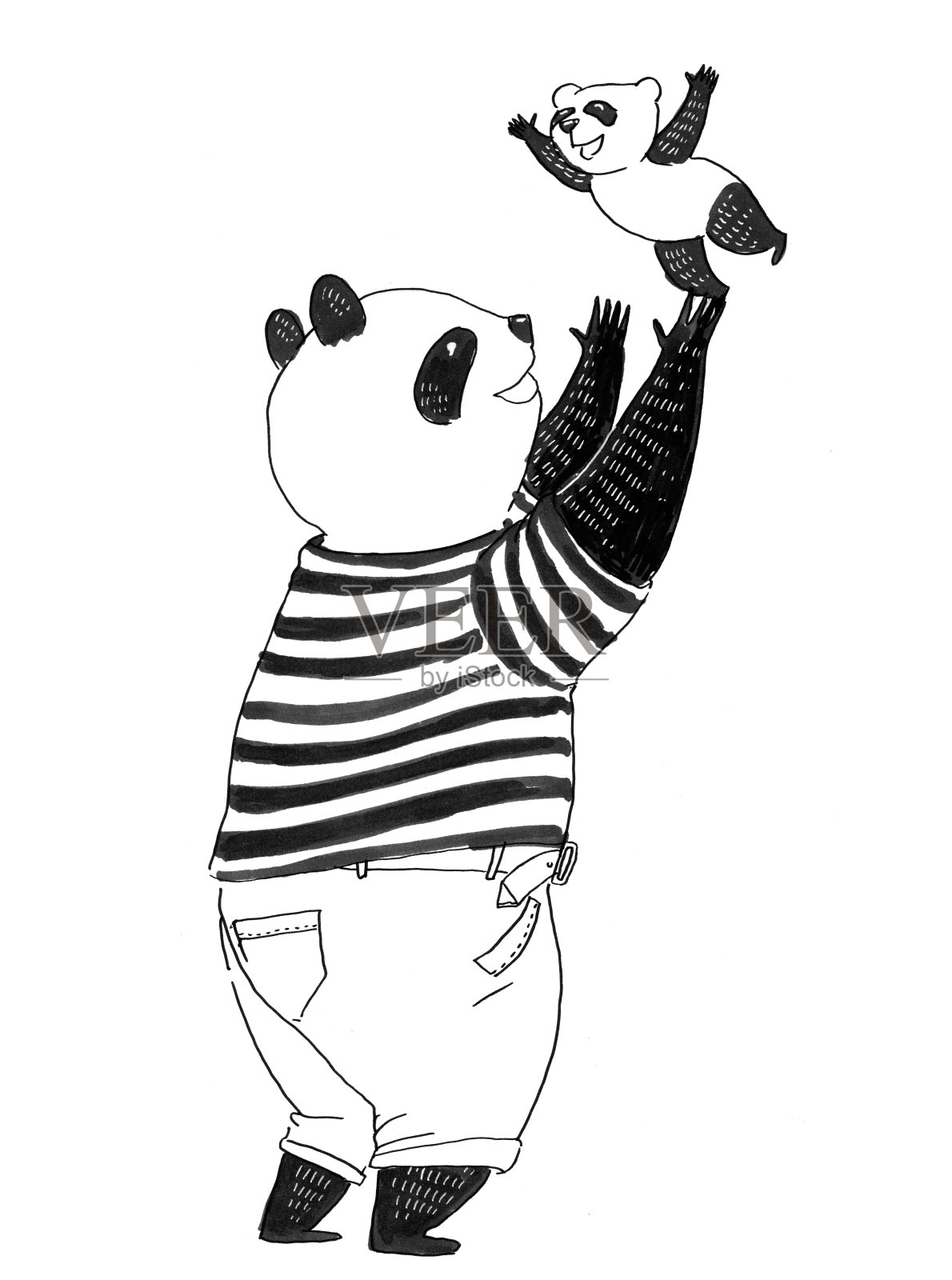 钢笔黑白插图着色书。穿着黑白t恤的熊猫爸爸一边在空中吐着他的熊猫小儿子一边笑插画图片素材