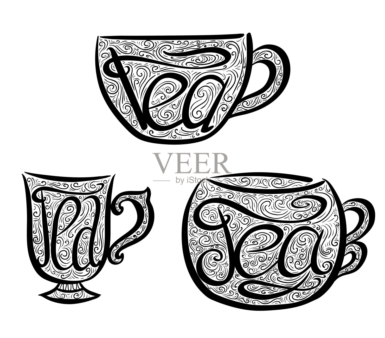 刻字和涂鸦花饰的一套茶杯。手绘插图。插画图片素材