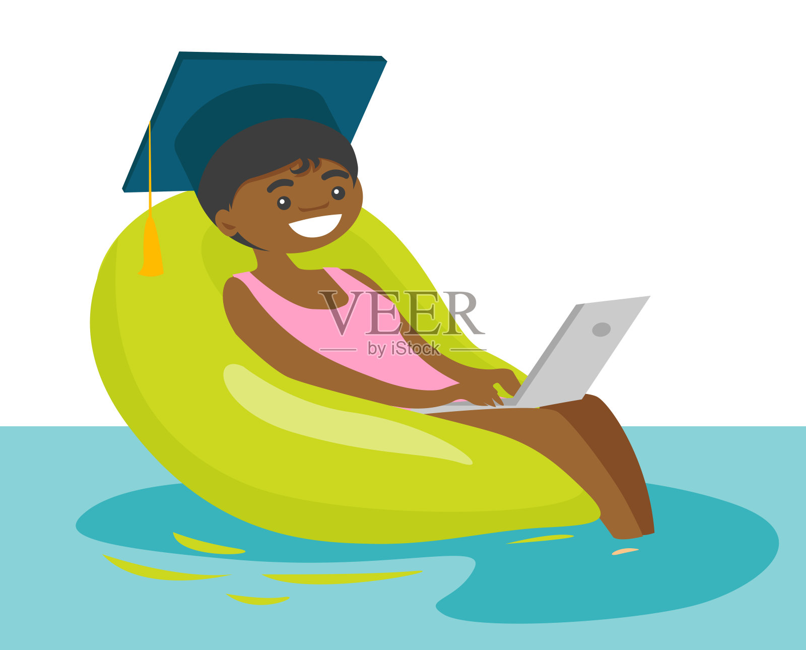Graduate working on a laptop in the swimming pool插画图片素材