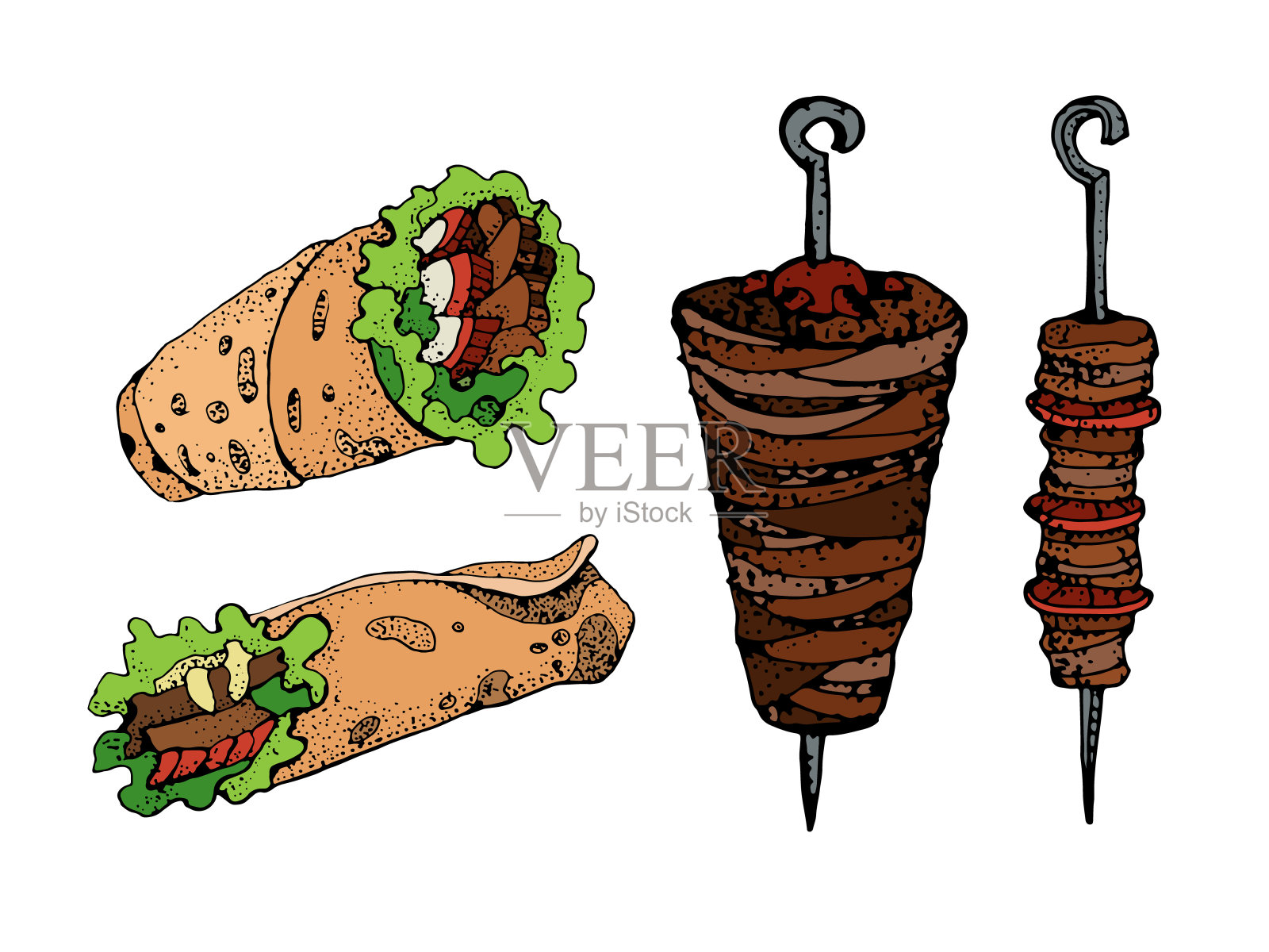 手绘矢量图doner kebab。面包卷，鸡肉卷，快餐，烤肉串，沙瓦马。卡通风格。插画图片素材