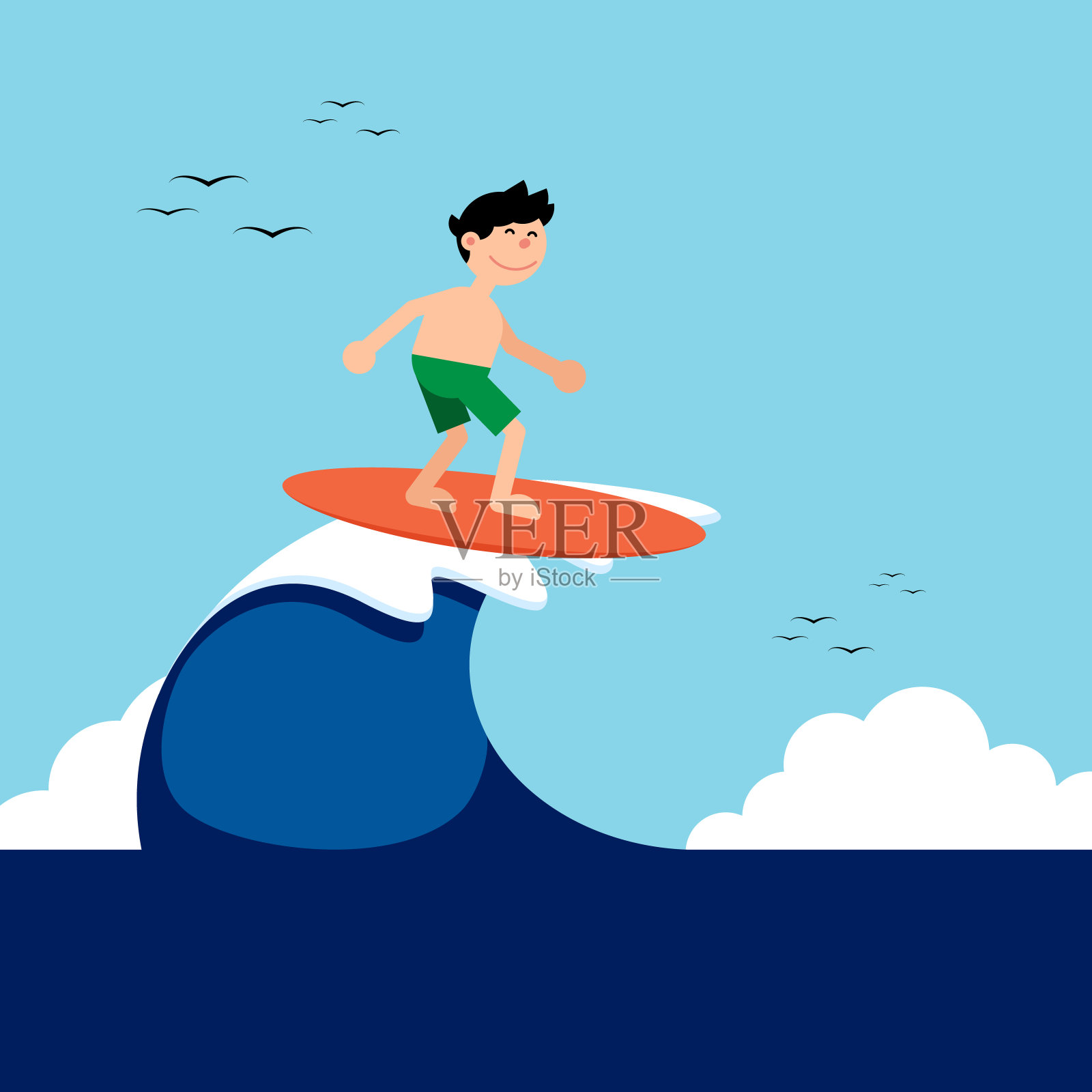 冲浪者男孩骑在海浪在夏天与海洋景观背景平设计插画图片素材