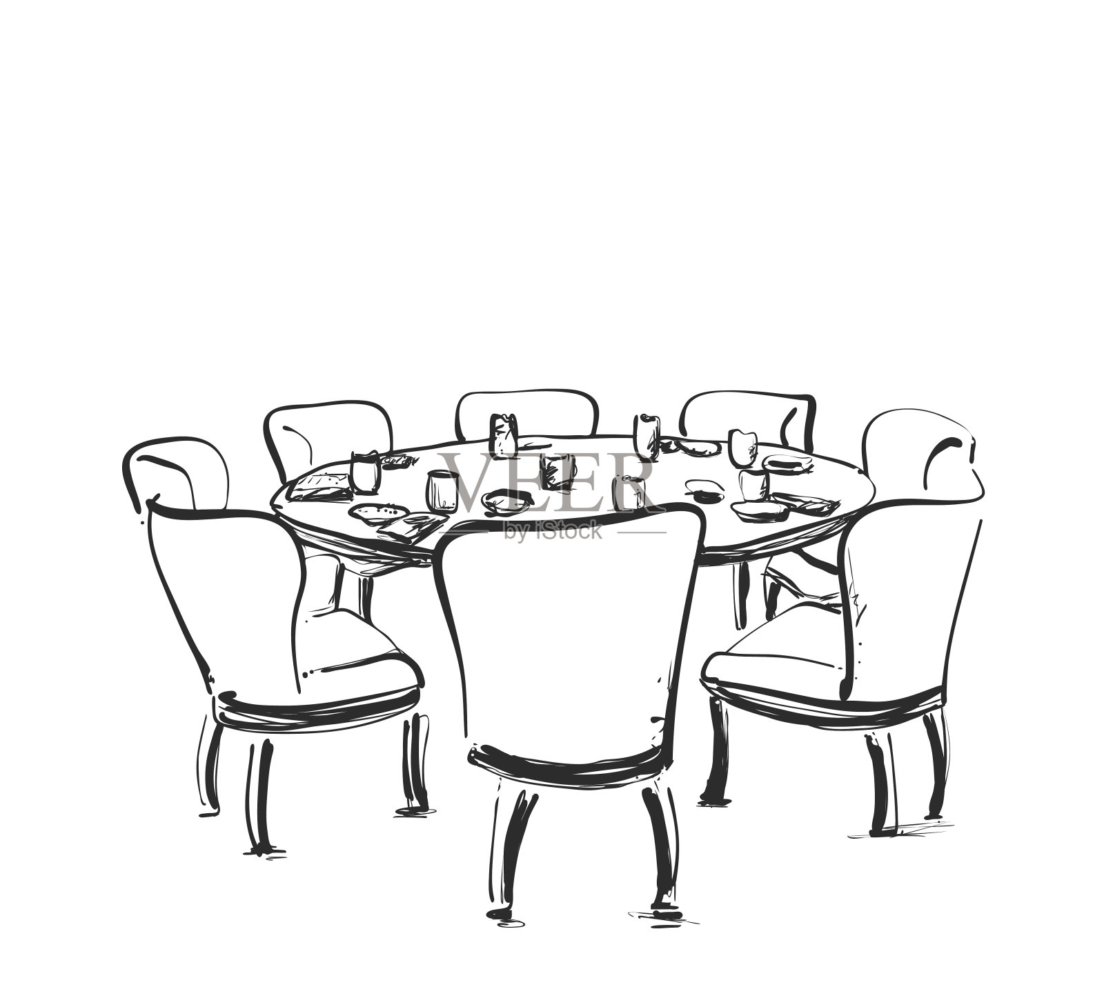 餐桌上的酒和花，手绘草图矢量插图。桌子和椅子插画图片素材