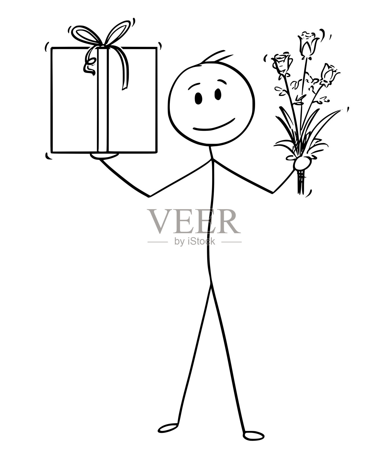 卡通的人或商人与礼盒或礼物和一束花在他的手插画图片素材