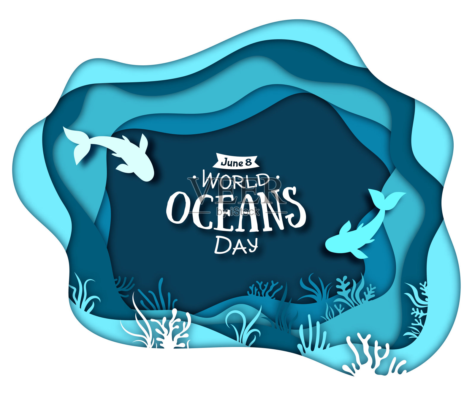 世界海洋日纸艺术概念。庆祝活动致力于保护和保护世界的海洋、水和生态系统。插画图片素材