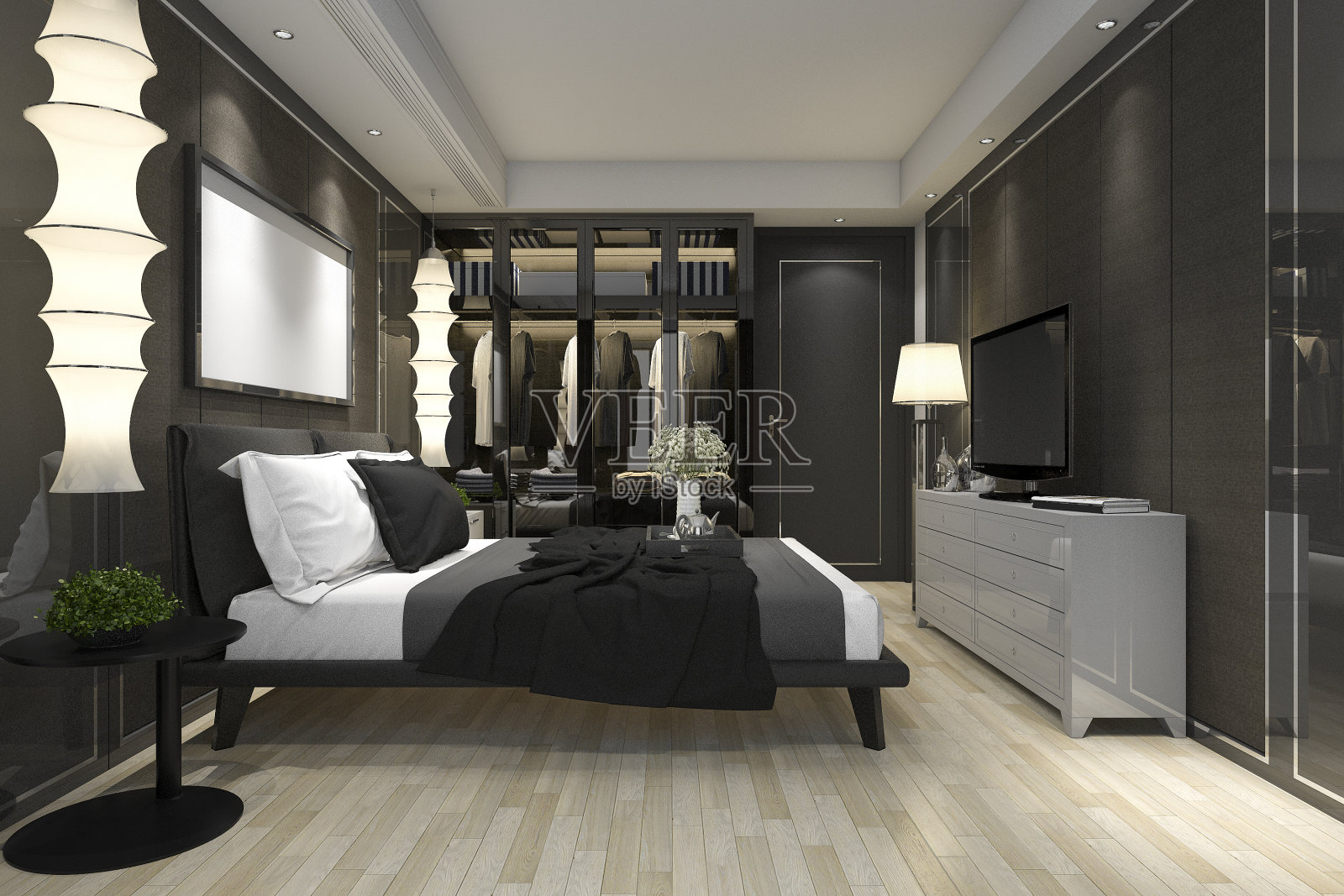 3d渲染豪华现代卧室套房电视与衣柜和步入壁橱照片摄影图片