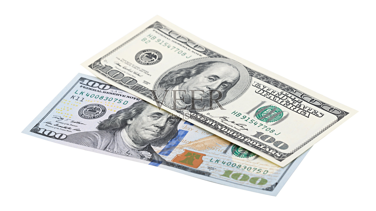 新的和旧的美元百元钞票孤立在白色的背景。100美元纸币照片摄影图片
