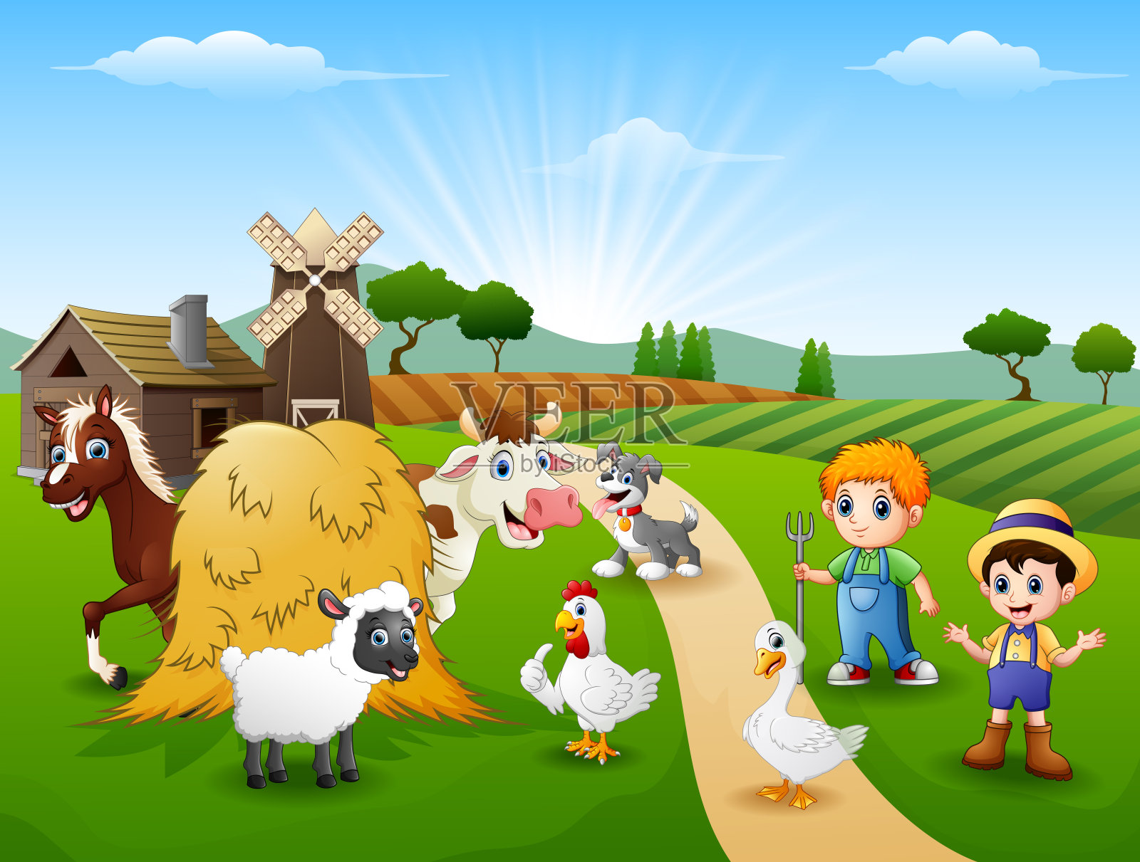 农民们在农场里饲养动物插画图片素材