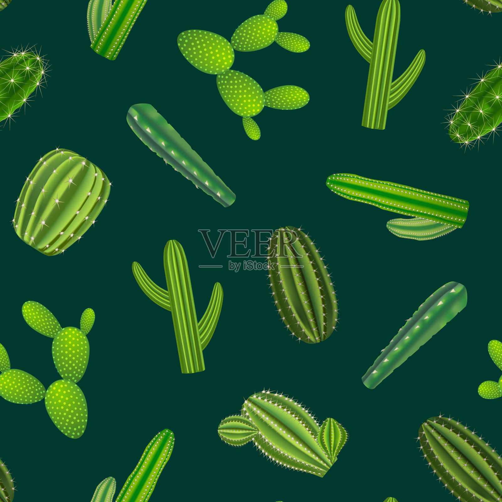 现实的绿色仙人掌植物无缝模式背景。向量设计元素图片