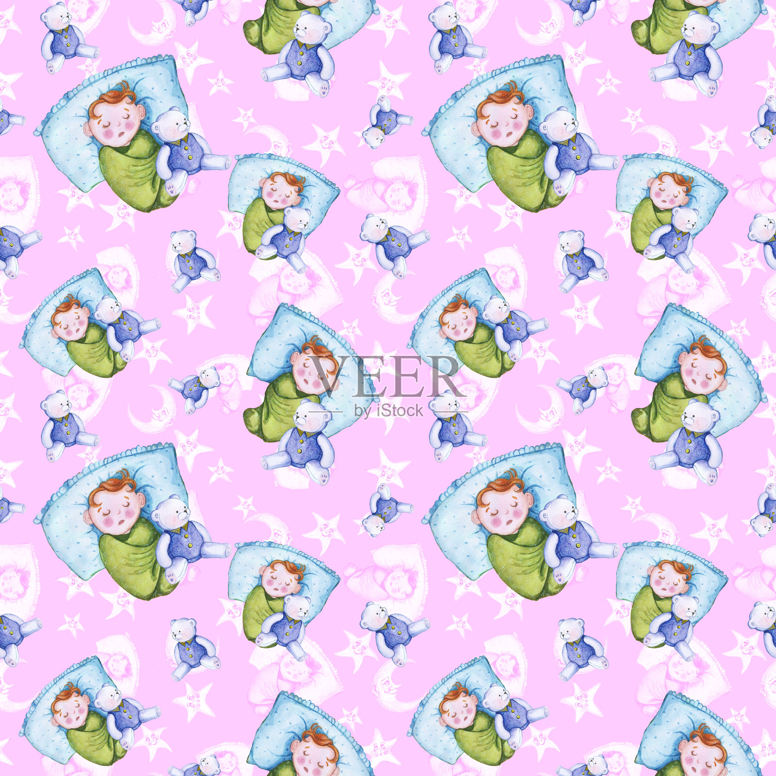 水彩无缝图案上的一个儿童插画的主题和一个小孩子的晚安，围绕着黄色的星星，微笑的月，月亮，柔软的毛绒玩具，一个兔子和一个熊，为甜蜜的梦在一个粉红色的背景插画图片素材