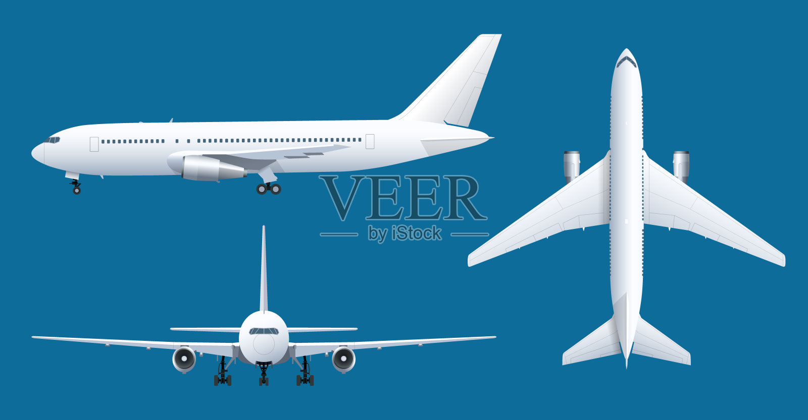 蓝色背景上的飞机。飞机工业蓝图。客机在顶部，侧面，正面视图。平面风格矢量插图。插画图片素材
