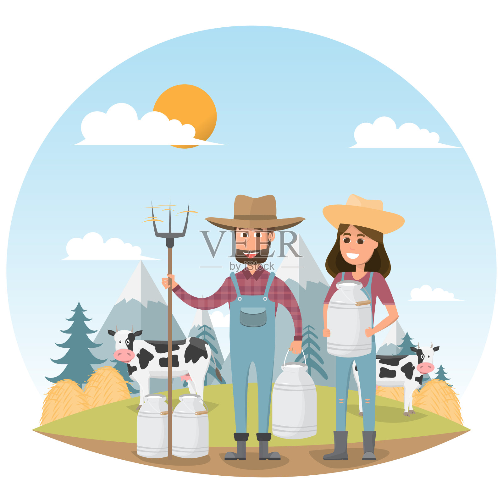 农民卡通人物与奶牛在有机农村农场插画图片素材