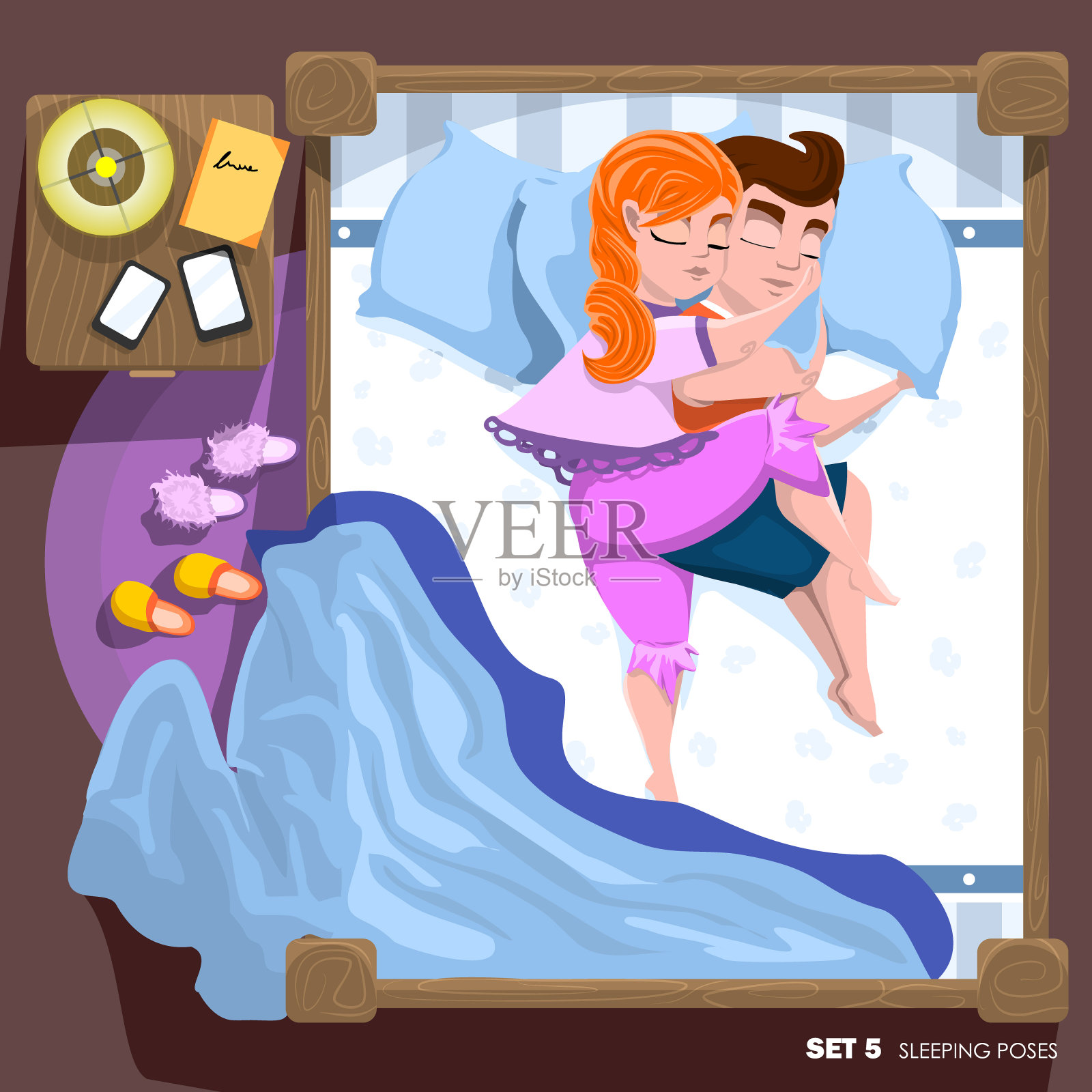 一对穿着睡衣的年轻夫妇睡在一张双人床上。睡觉的姿势。顶视图的夫妇。矢量插图。插画图片素材