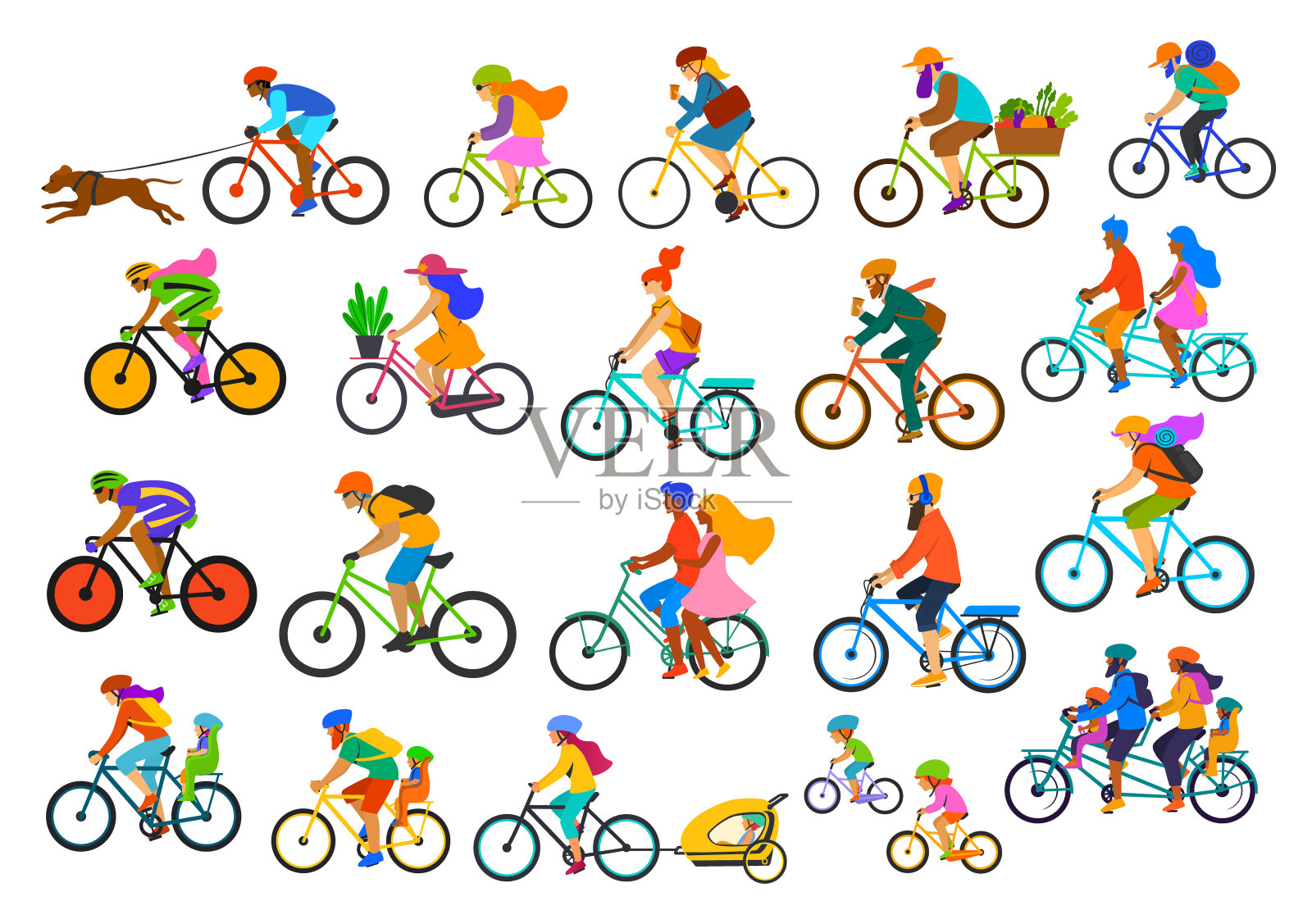 鲜艳多彩的不同活跃的人们收集骑自行车，男女夫妇家庭朋友孩子骑自行车设计元素图片