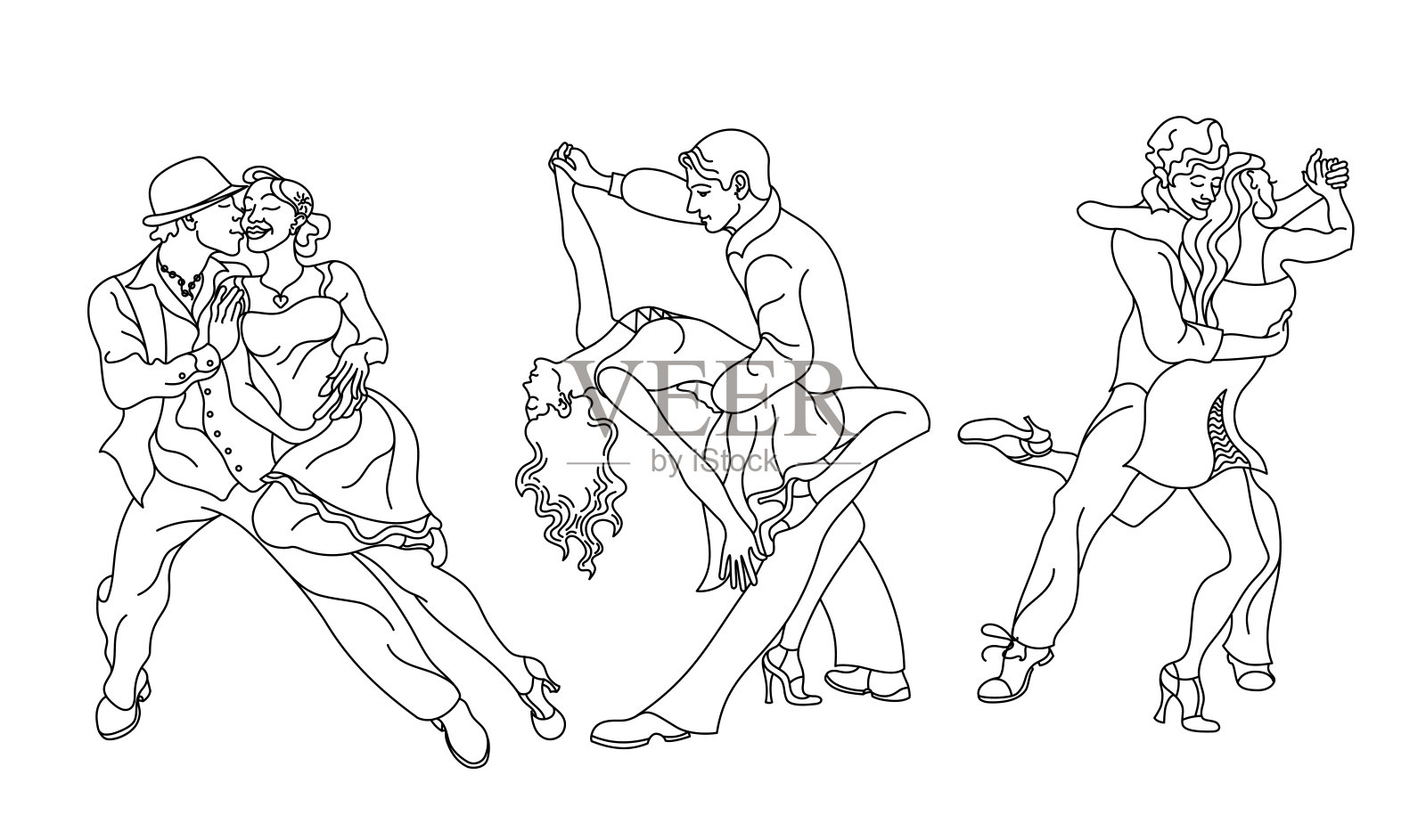 萨尔萨舞向量。一套优雅的夫妇跳舞萨尔萨。复古的风格。跳萨尔萨舞的人和演奏拉丁音乐的音乐家的剪影。古巴的俱乐部。跳萨尔萨舞。拉丁美洲音乐设计元素图片
