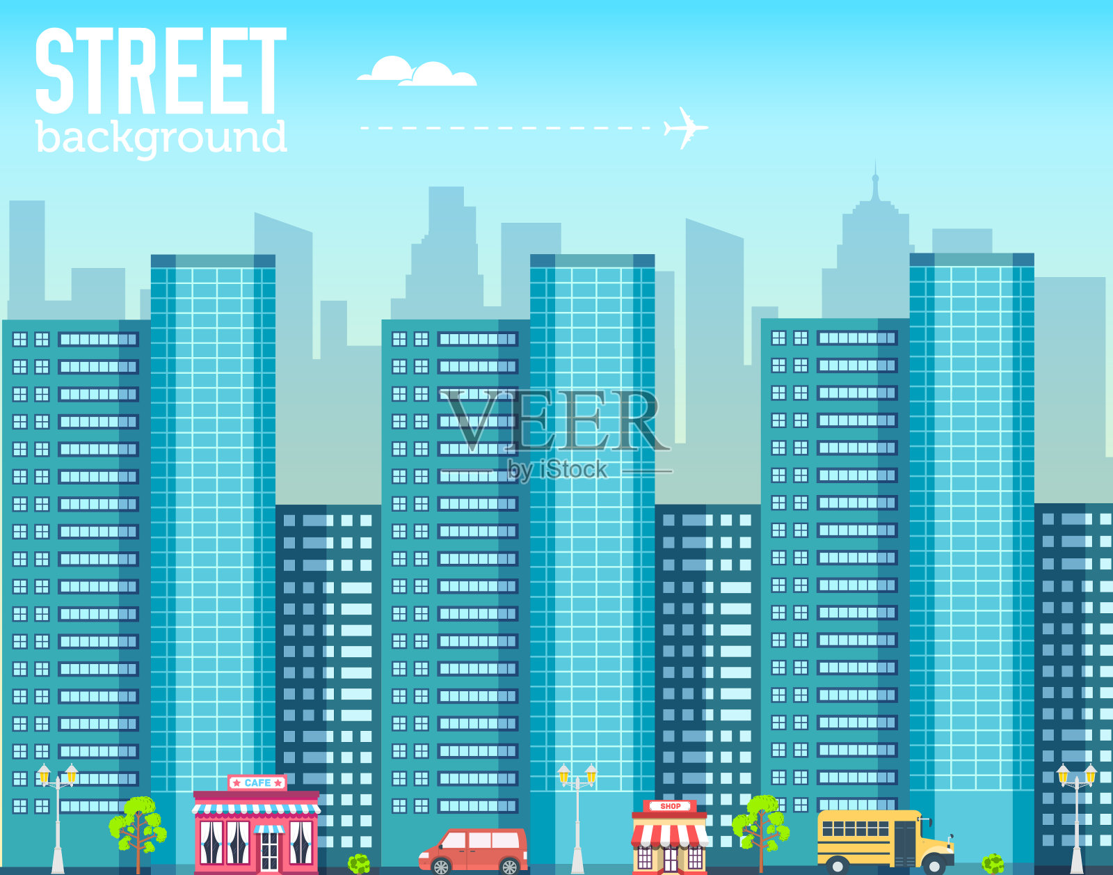 摩天大楼在城市空间上以道路平坦风格为背景概念。矢量插图设计背景图片素材