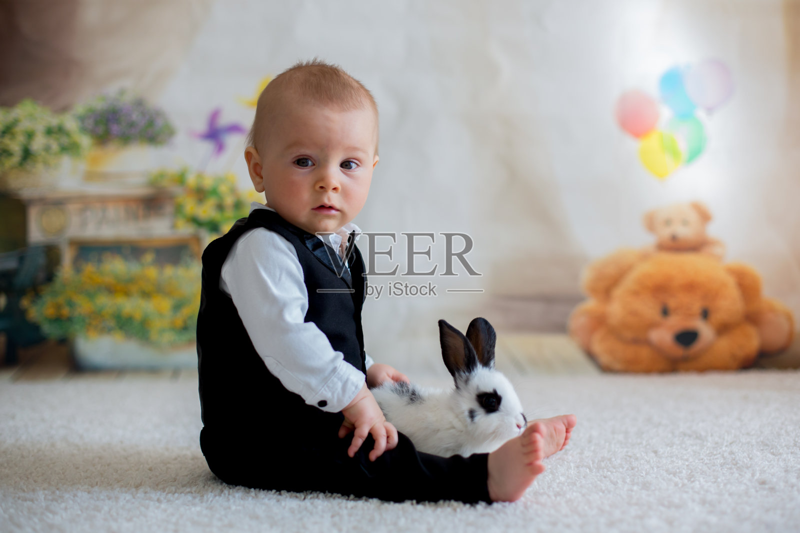 可爱的蹒跚学步的小男孩，穿着潇洒休闲，和小白兔玩耍照片摄影图片
