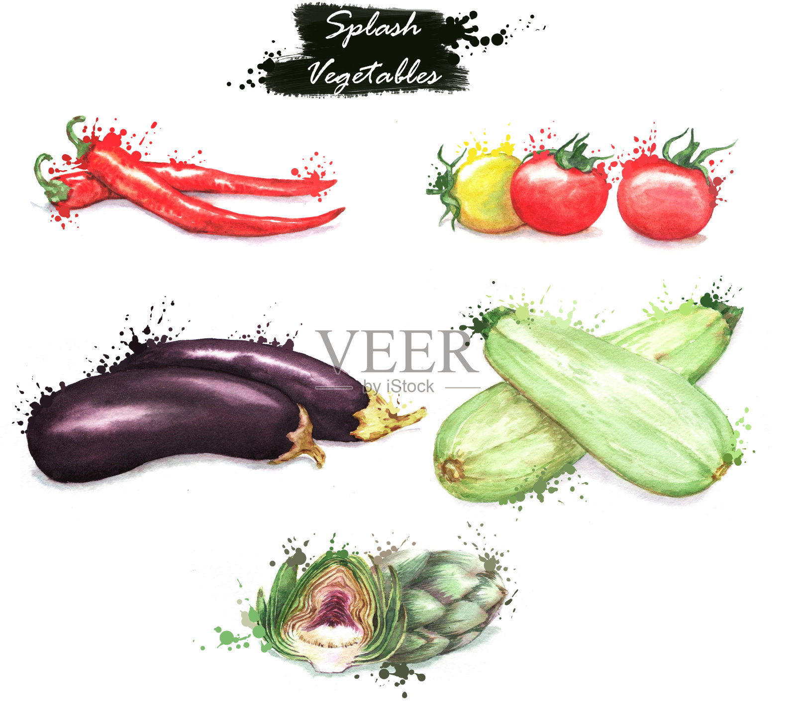 手绘水彩食物插图。新鲜蔬菜的分离图纸-辣椒，樱桃番茄，朝鲜蓟，茄子和西葫芦插画图片素材