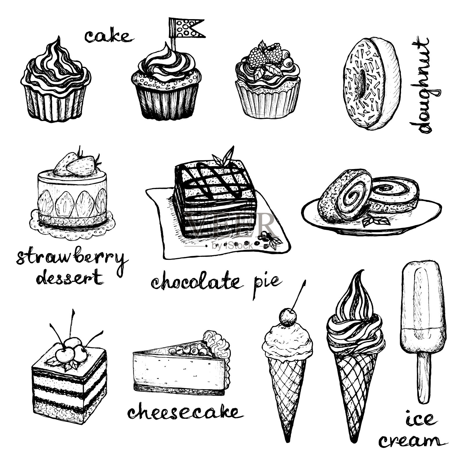 甜点-一套手绘的元素和文本插画图片素材