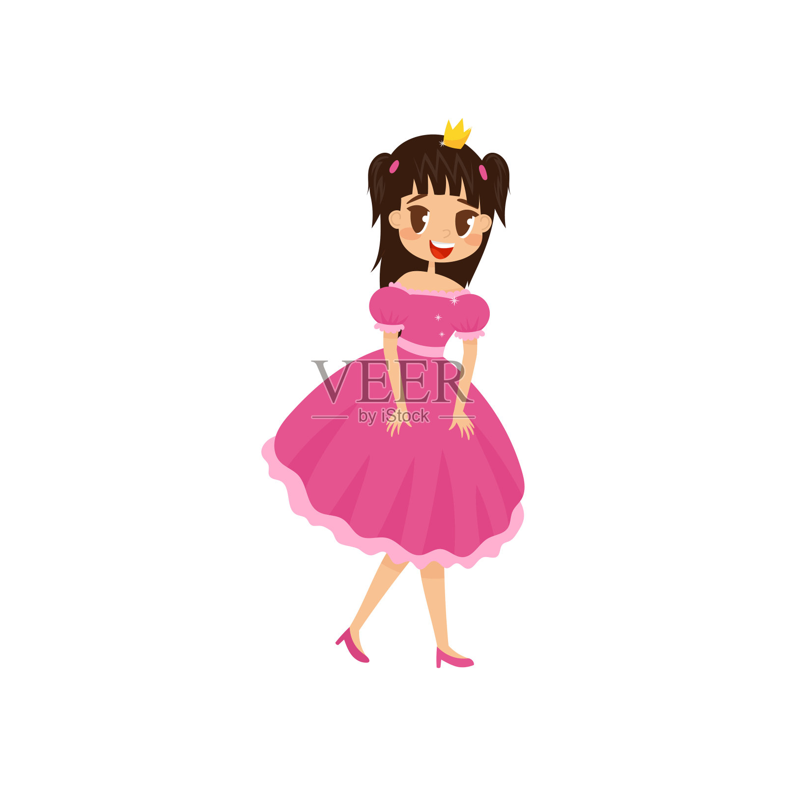 美丽的小公主在短的粉红色连衣裙和皇冠矢量插图在白色的背景设计元素图片