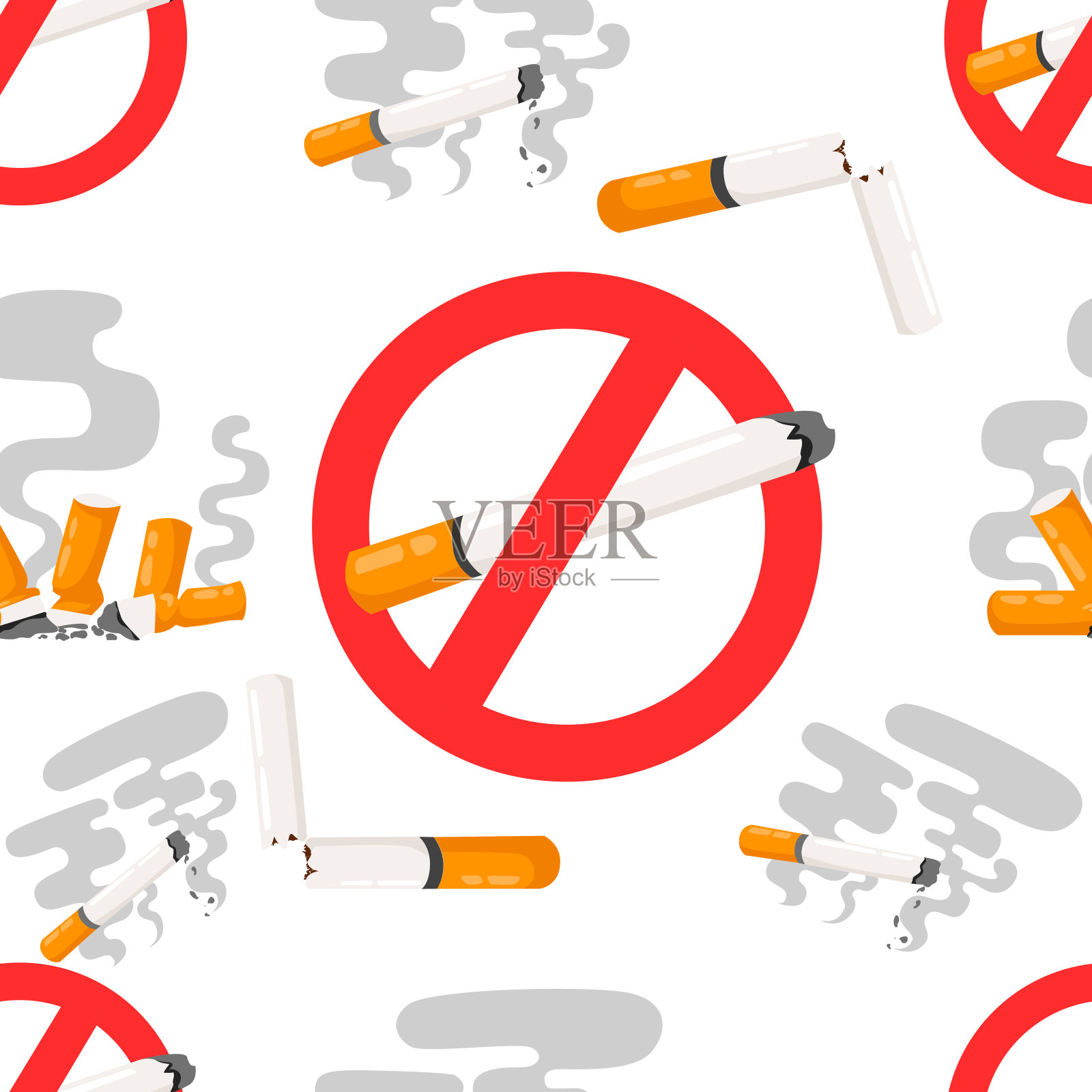 无缝模式的禁止吸烟标志与平面香烟与烟雾矢量插图在白色背景的网站页面和移动应用程序设计插画图片素材