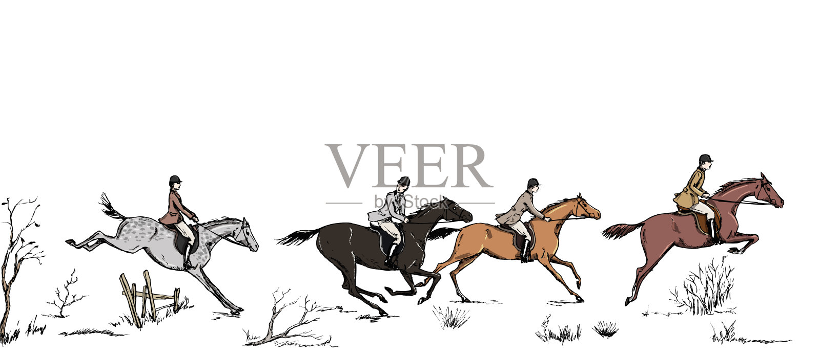 猎狐马术运动与骑手英式风格的景观。英国障碍赛马传统框架或边界。插画图片素材