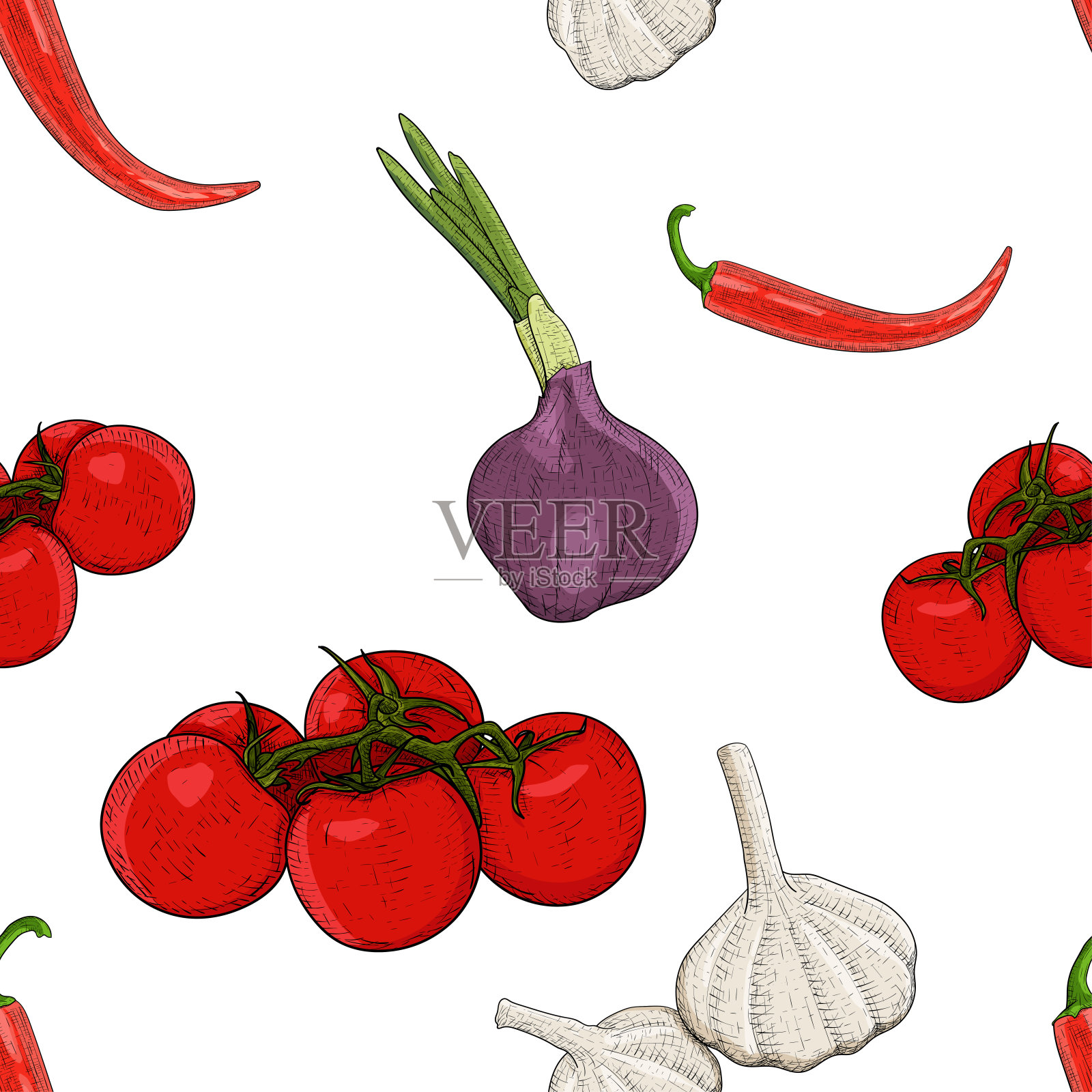 蔬菜。手绘彩色草图为无缝图案插画图片素材
