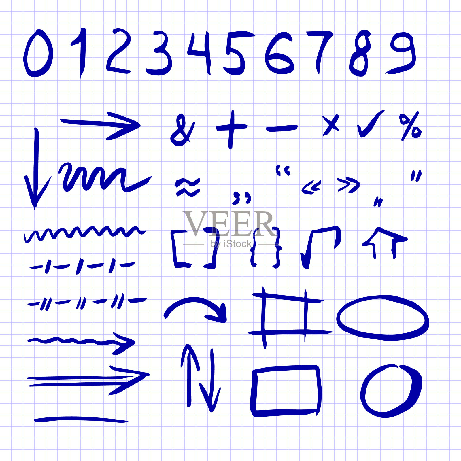 手绘矢量插图集孤立在方格笔记本表。箭头，数学符号，数字，语音气泡，纠正和突出元素。涂鸦草图图标。插画图片素材