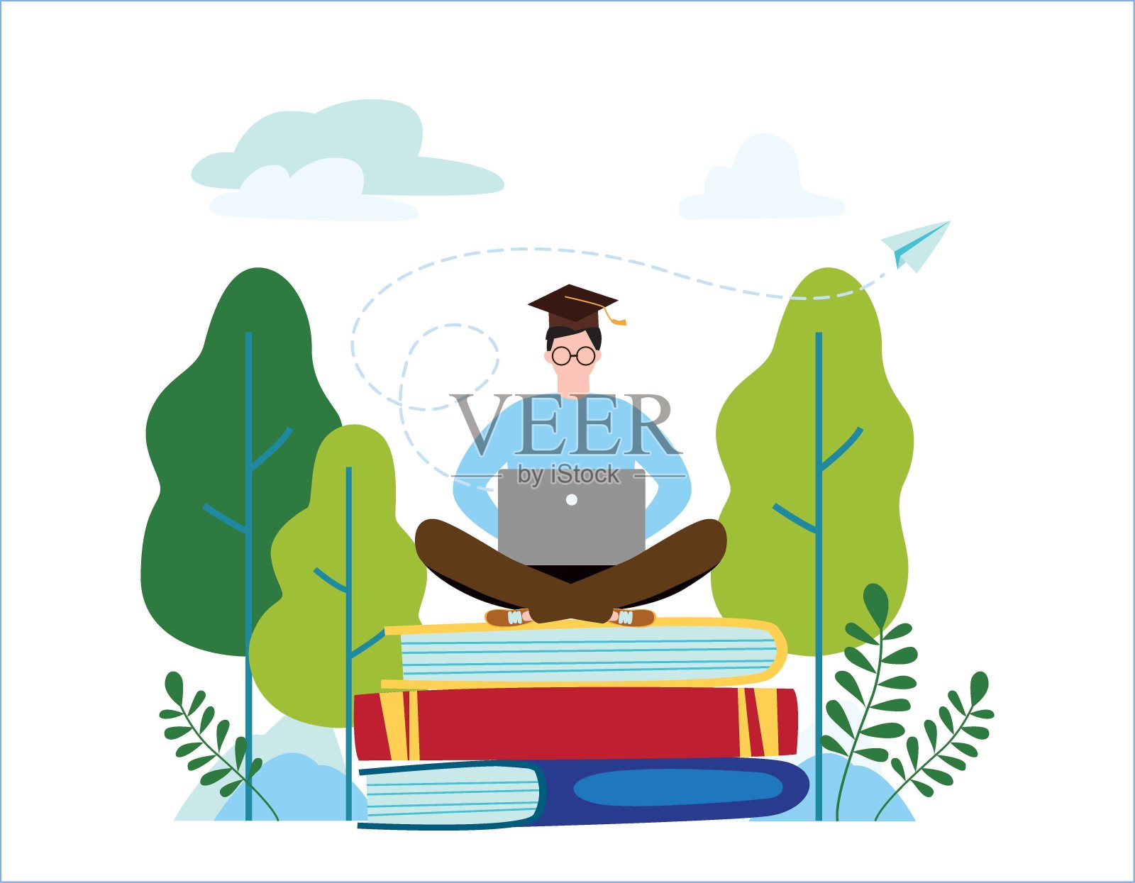 在线英语学校矢量插图。语言课程的概念。一名男学生毕业，坐在绿树环绕的笔记本电脑上看书。平面卡通人物设计的网页横幅背景插画图片素材