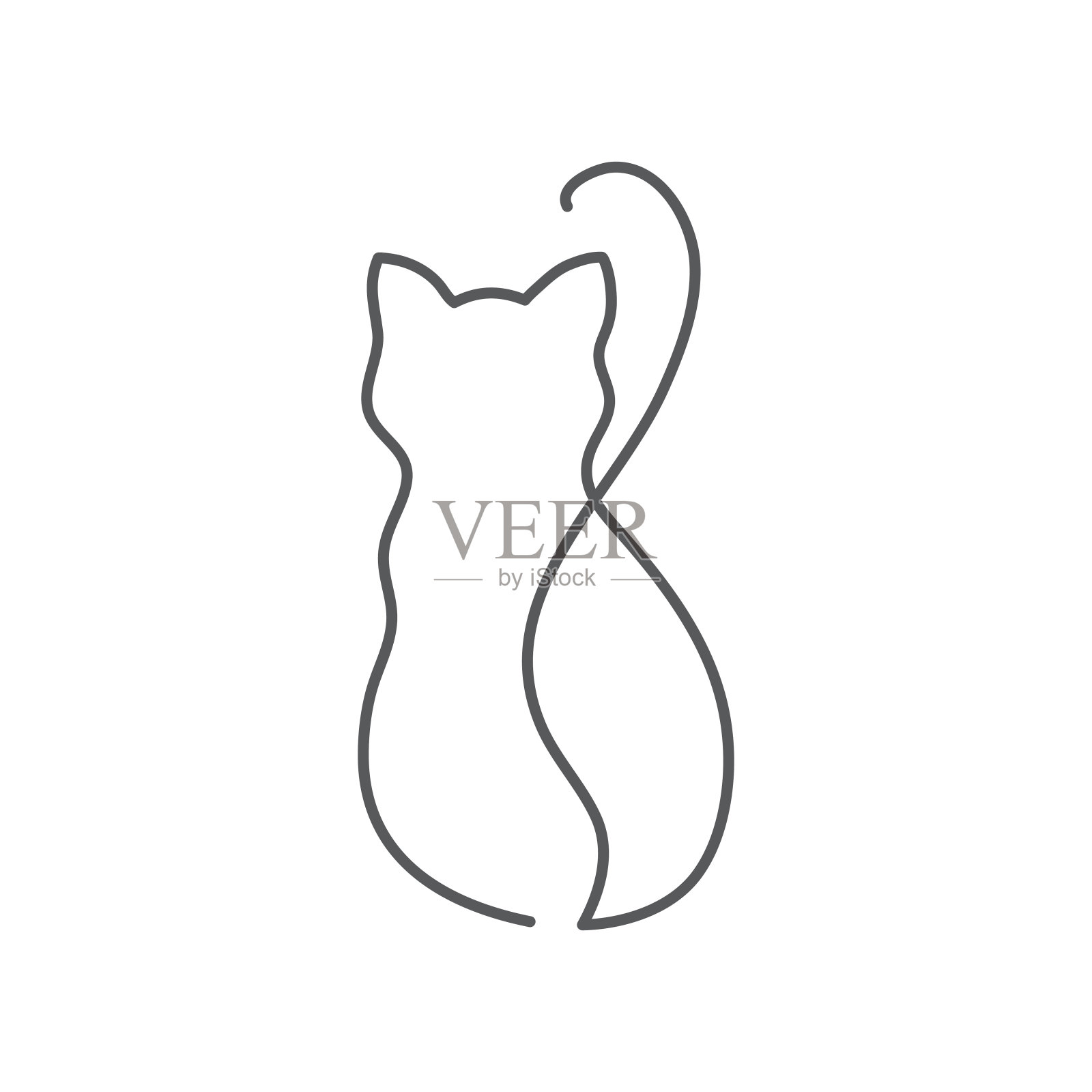 猫的后视图连续线画-可爱的宠物坐向后与扭曲的尾巴孤立在白色的背景。设计元素图片